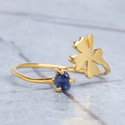 14k Solid Gold Raw Sapphire Clover Ring, Open Clover Ring For Her, Promise Ring, Mothers DayGift  Bridesmaid Gift, September Birthstone Ring