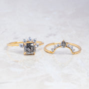 Salt and Pepper Cushion Cut Engagement Ring, Rings For Her, 14K Solid Gold Wedding band and engagement ring Set Bridal Ring Set