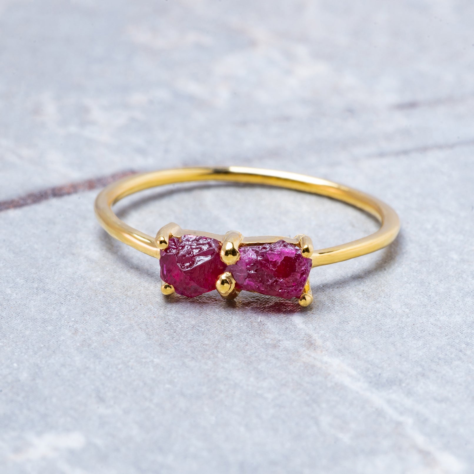 Raw Ruby 2 Stone Engagement Ring, July Birthstone Ring, Stackable Birthstone Ring In 14K Solid Gold, Multi-Stone Ring, Personalised Jewelry