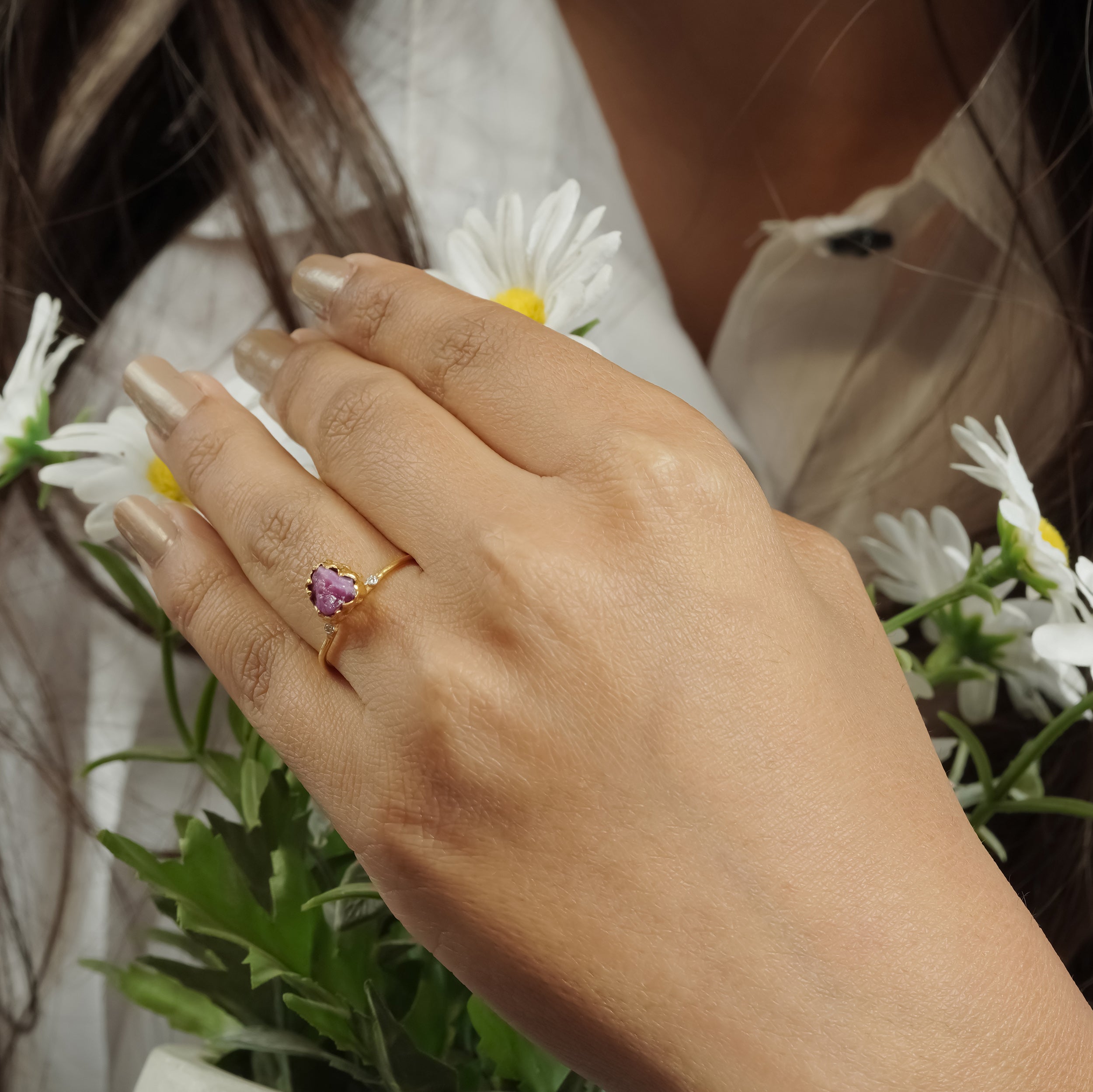 Natural Raw Ruby & Diamond July Birthstone Ring in 14K Solid Gold, Engagement Ring, Promise Ring, Unique Personalised Gift For Her by Skosh