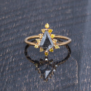 14K Solid Gold Kite Shape Salt and Pepper Rose Cut with Tiny Yellow Brilliant Cut Diamond Engagement Ring, Halo Kite ring for her