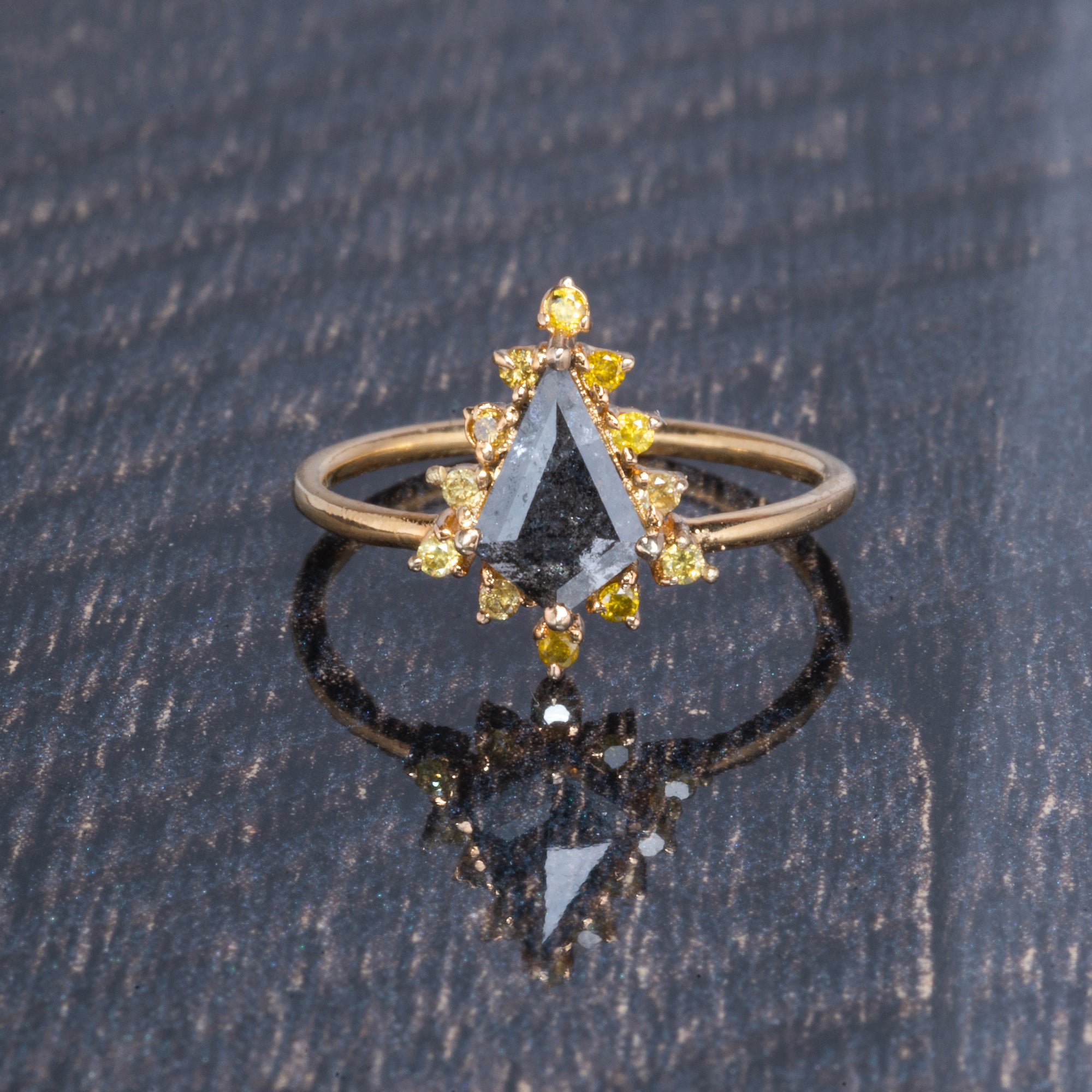 14K Solid Gold Kite Shape Salt and Pepper Rose Cut with Tiny Yellow Brilliant Cut Diamond Engagement Ring, Halo Kite ring for her