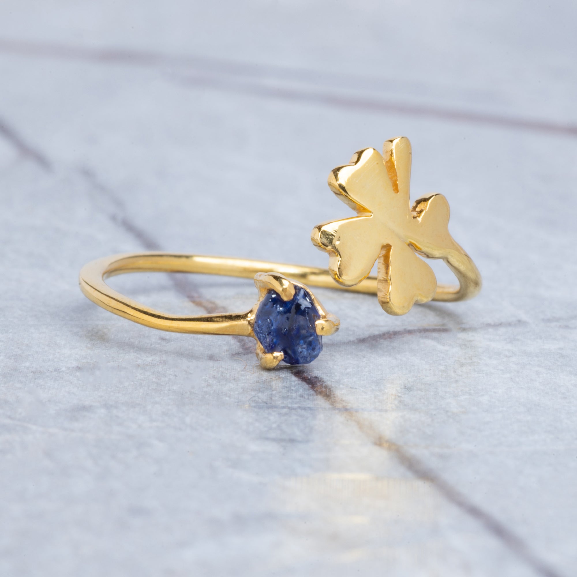 14k Solid Gold Raw Sapphire Clover Ring, Open Clover Ring For Her, Promise Ring, Mothers DayGift  Bridesmaid Gift, September Birthstone Ring