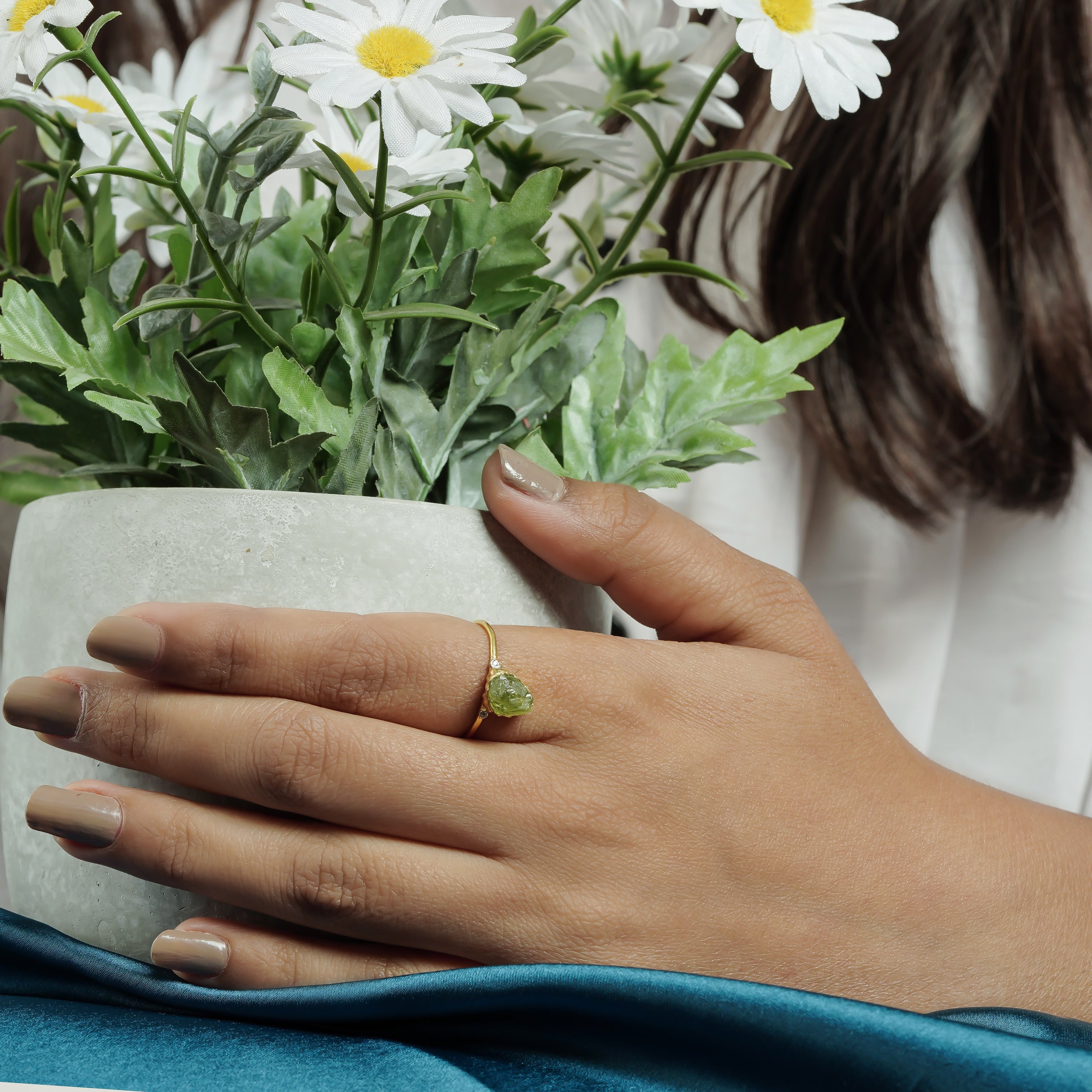 Natural Raw Peridot & Diamond August Birthstone Ring in 14K Solid Gold, Engagement Ring, Promise Ring, Unique Gift For Her For Mom by Skosh