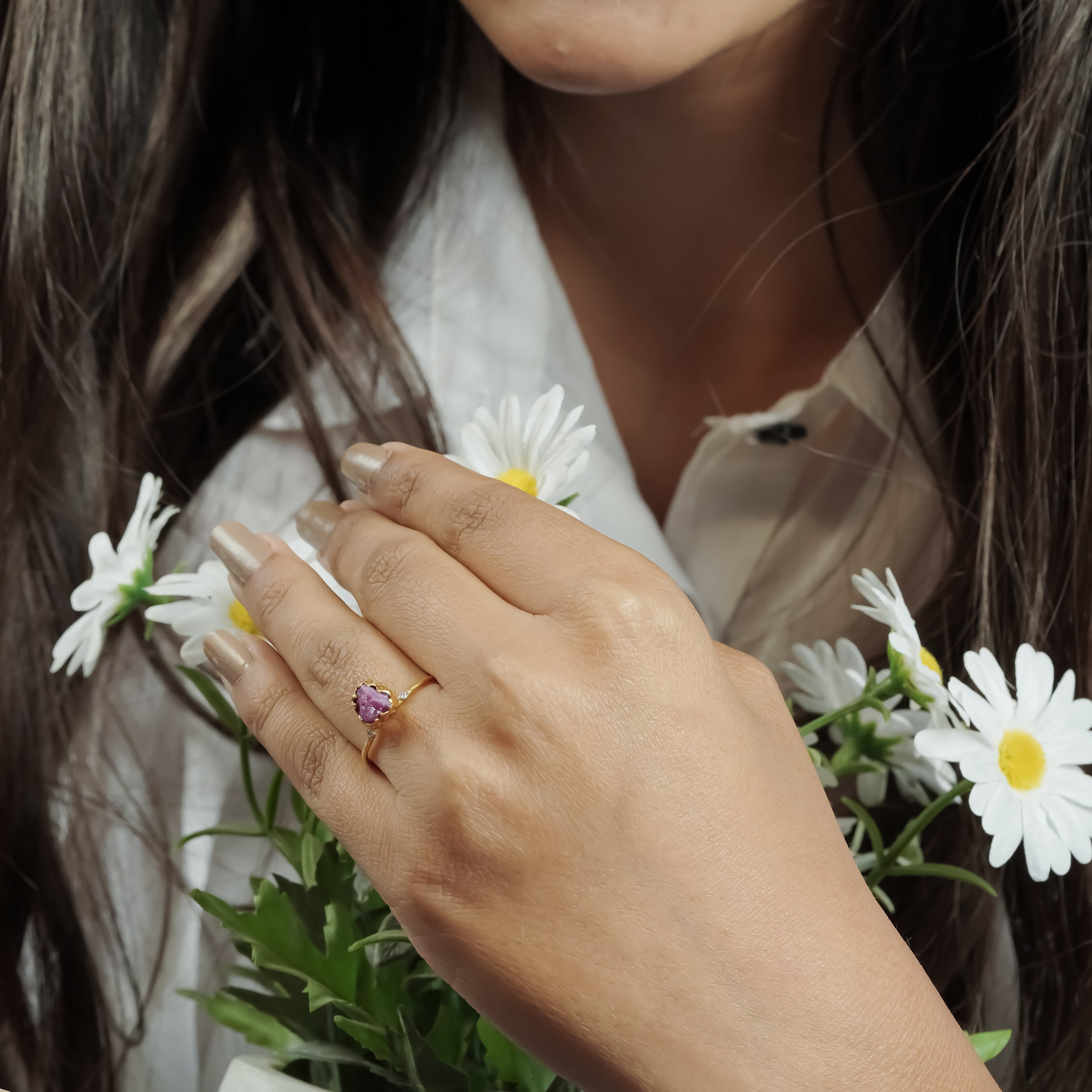 Natural Raw Ruby & Diamond July Birthstone Ring in 14K Solid Gold, Engagement Ring, Promise Ring, Unique Personalised Gift For Her by Skosh