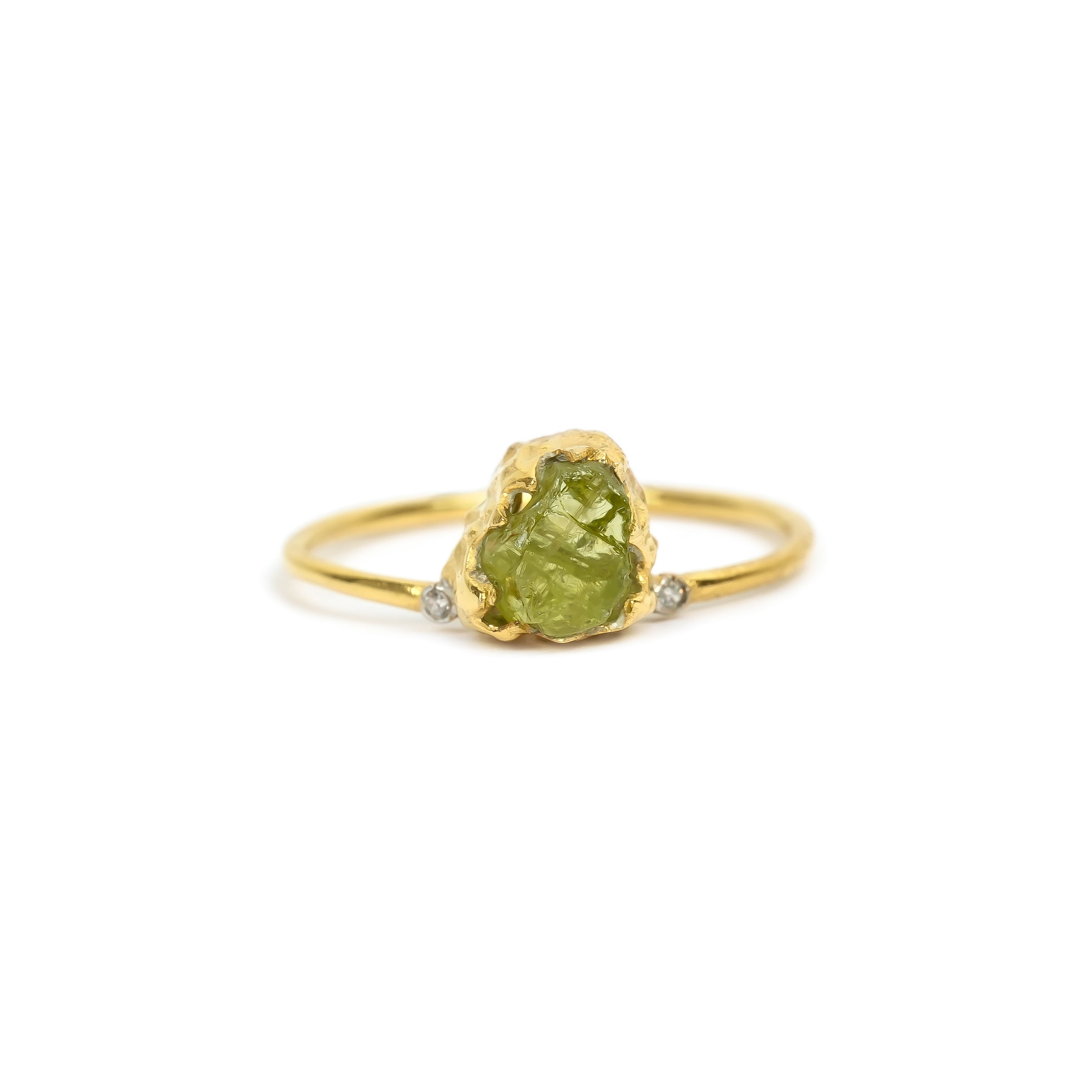 Natural Raw Peridot & Diamond August Birthstone Ring in 14K Solid Gold, Engagement Ring, Promise Ring, Unique Gift For Her For Mom by Skosh