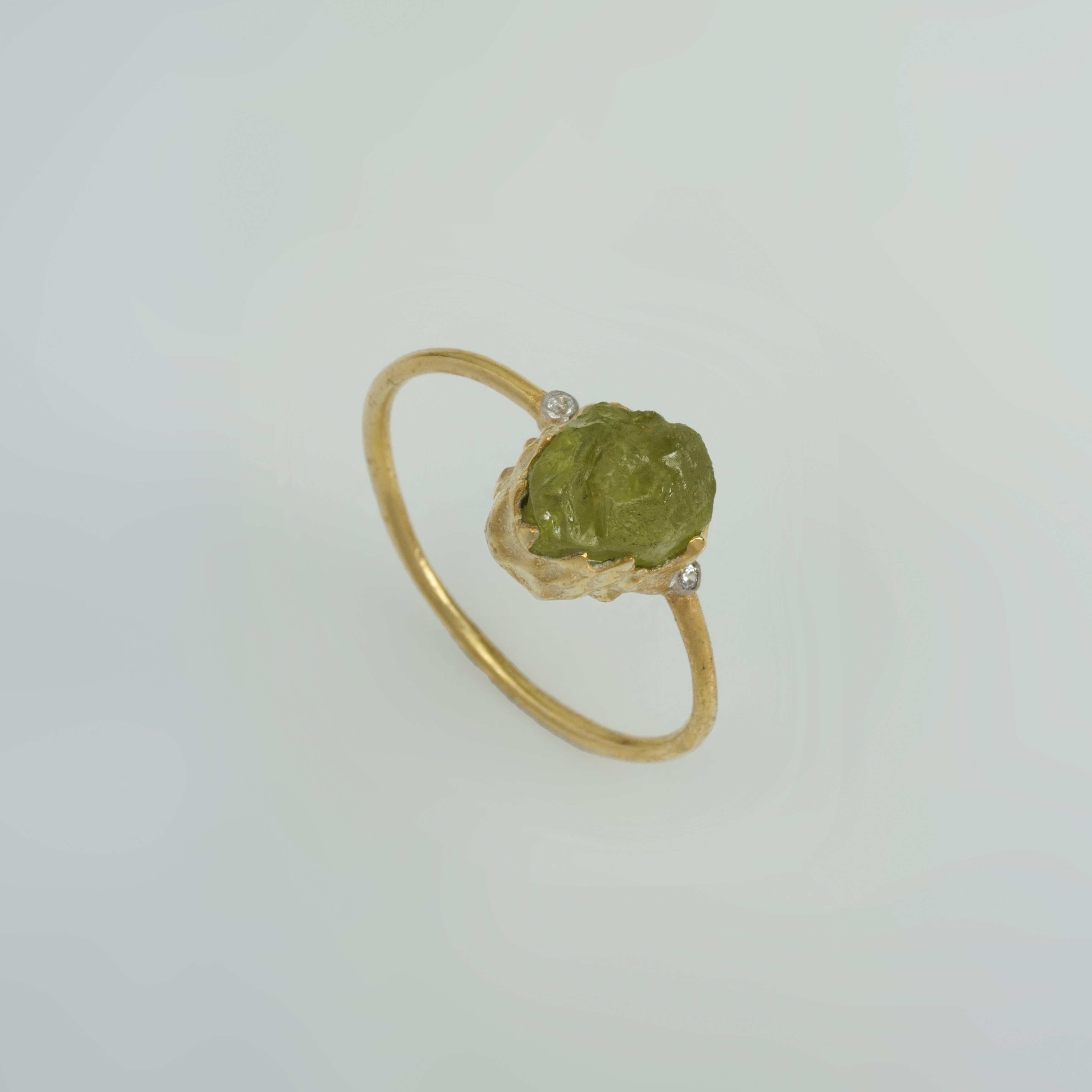 Natural Raw Peridot & Diamond August Birthstone Ring in 14K Solid Gold, Engagement Ring, Promise Ring, Unique Gift For Her For Mom by Skosh