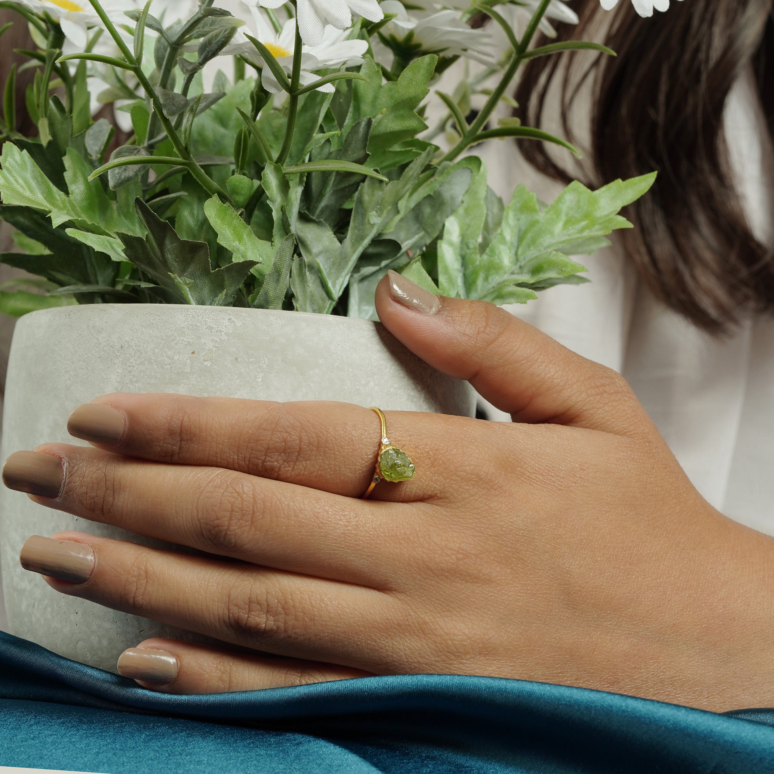 Natural Raw Peridot & Diamond August Birthstone Ring in 14K Solid Gold, Engagement Ring, Promise Ring, Unique Gift For Her For Mom by Skosh