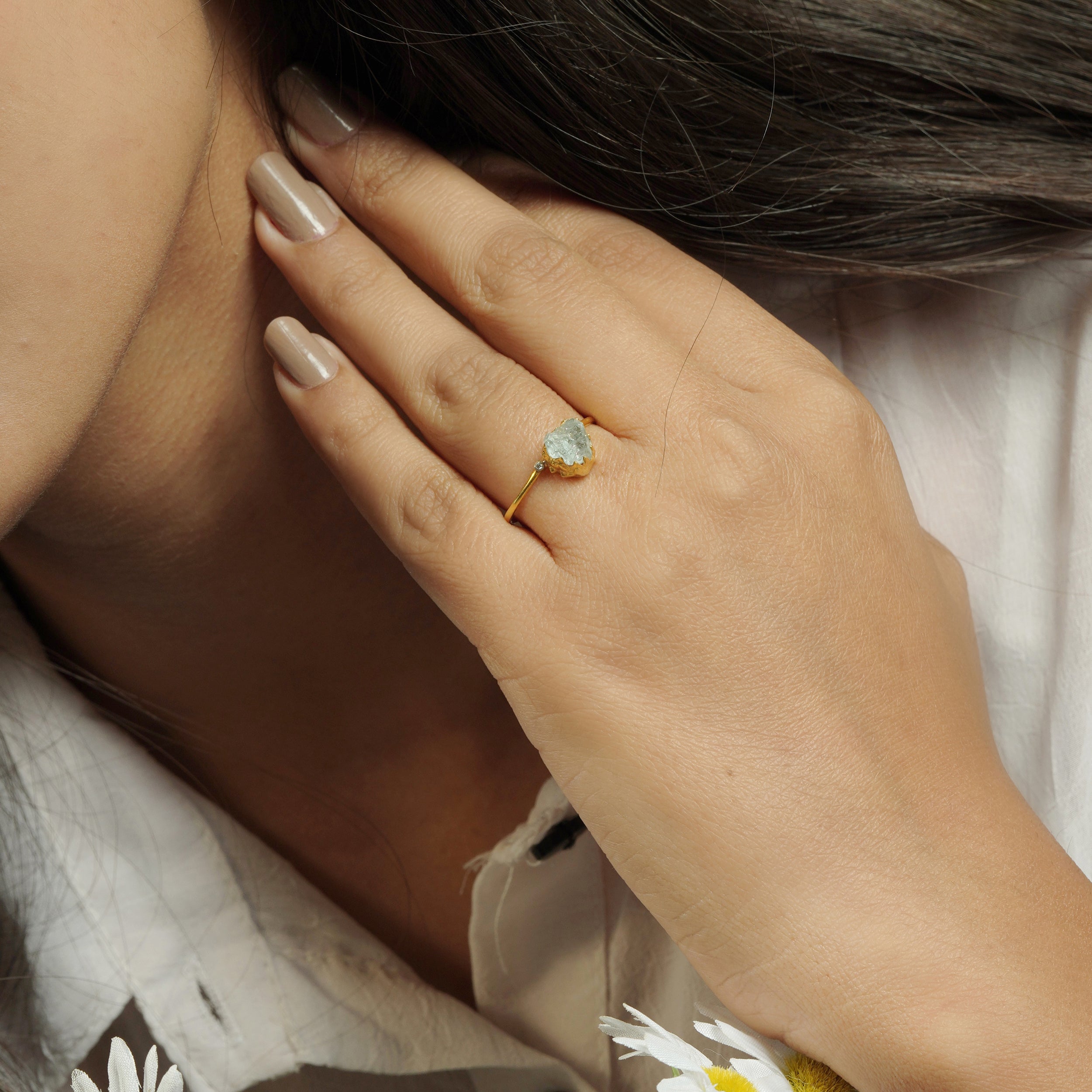 Natural Raw Aquamarine & Diamond March Birthstone Ring in 14K Solid Gold, Engagement Ring, Promise Ring, Unique Gift for her by Skosh