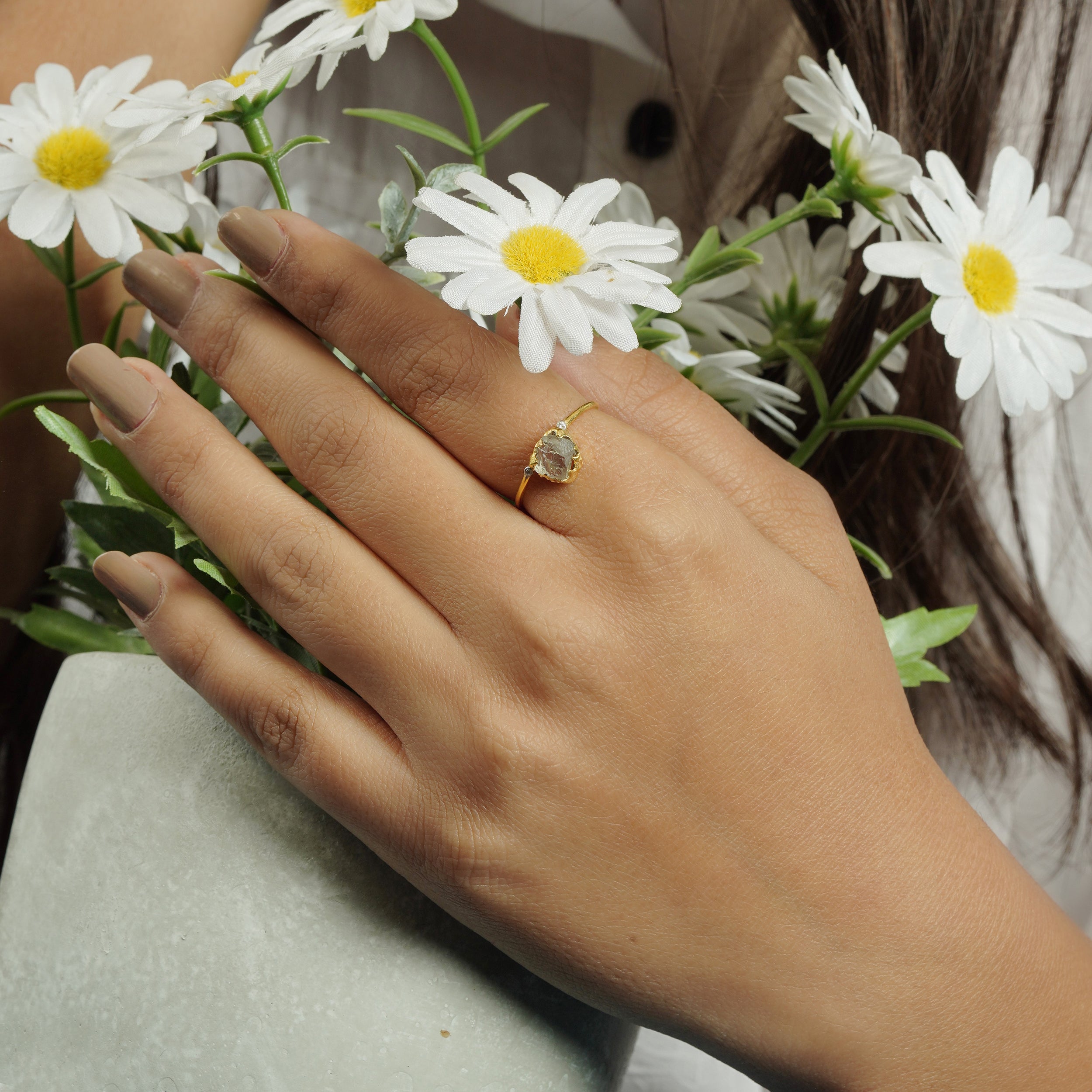 Natural Raw Quartz Crystal & Diamond April Birthstone Ring in 14K Solid Gold, Engagement Ring, Promise Ring, Unique Personalised Gift