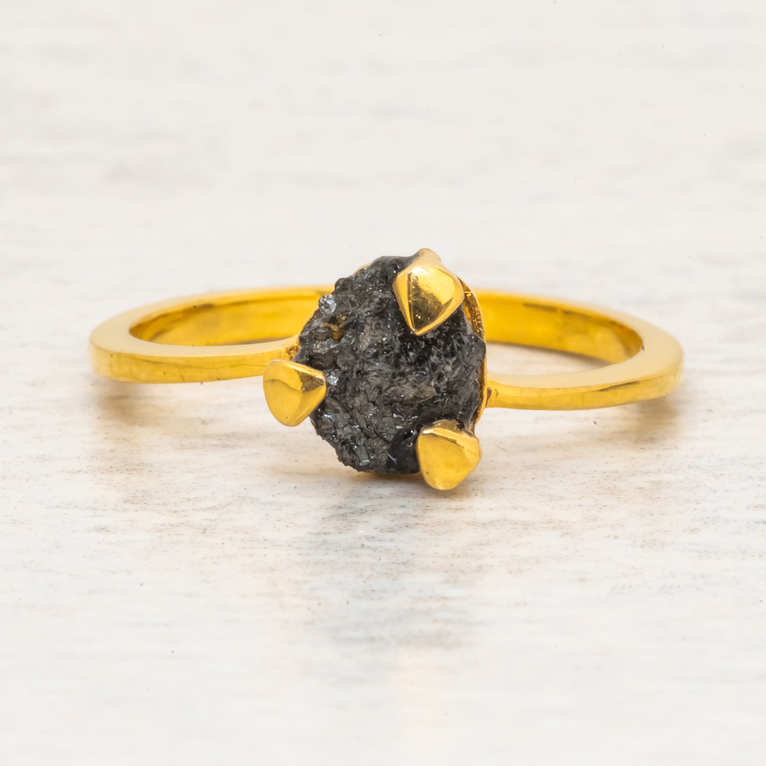 Raw Black Diamond Ring with Round Prong Setting Engagement Ring