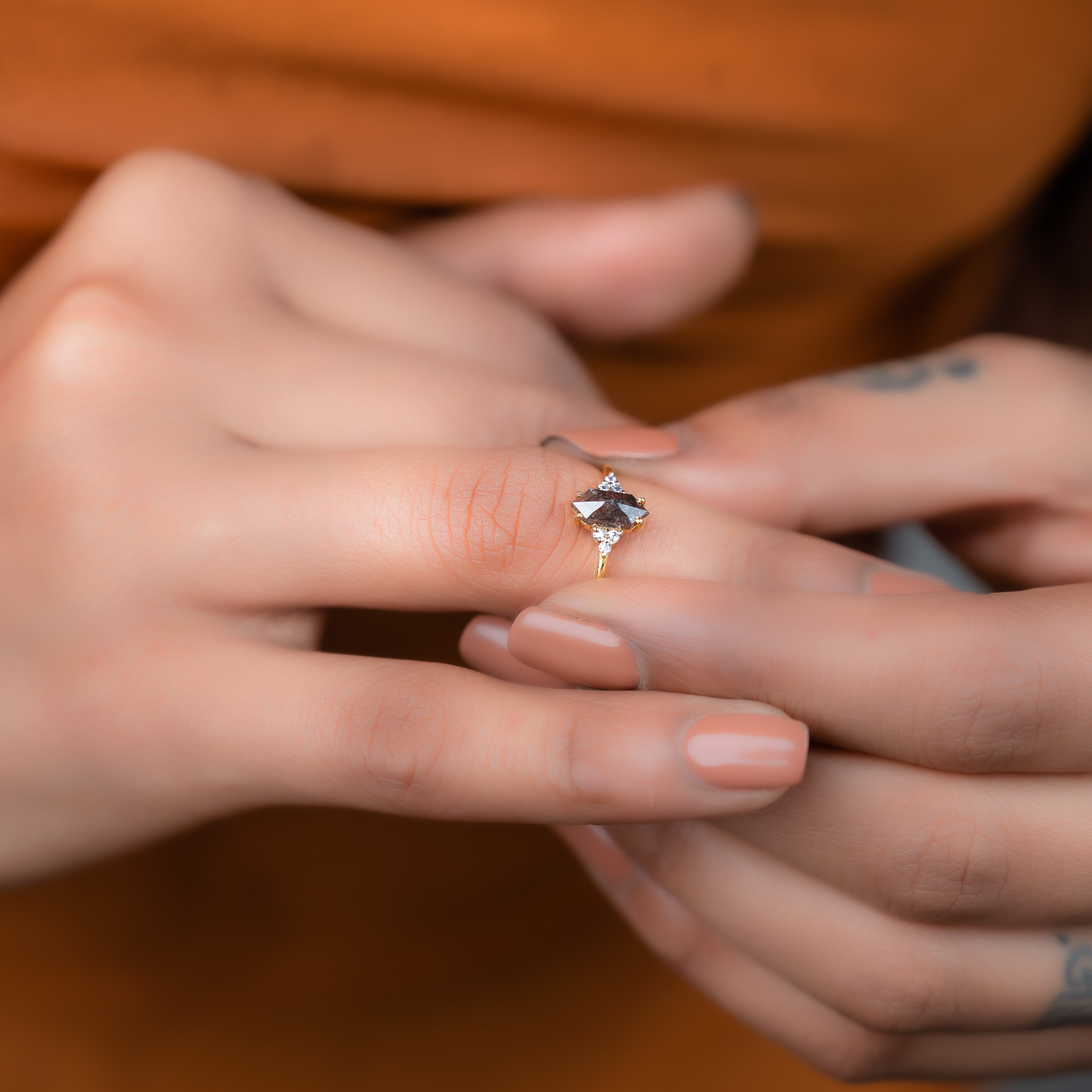 14K Solid Gold Long Hexagon Red Salt and Pepper Rose Cut Engagement Ring, Rings For Her, Engagement Ring for Her Unique Ring