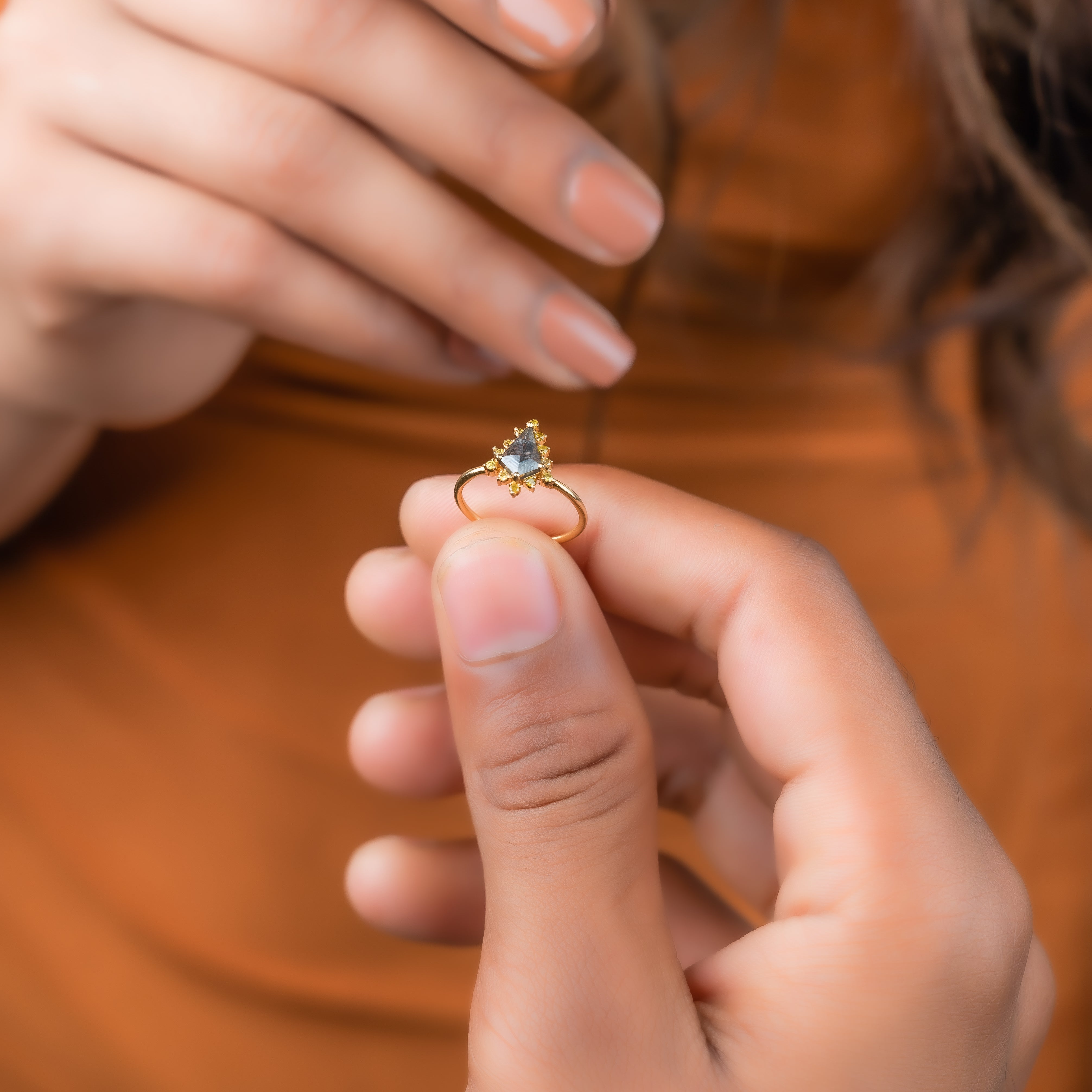 14K Solid Gold Kite Shape Salt and Pepper Rose Cut with Tiny Yellow Brilliant Cut Diamond Engagement Ring, Halo Kite ring for her