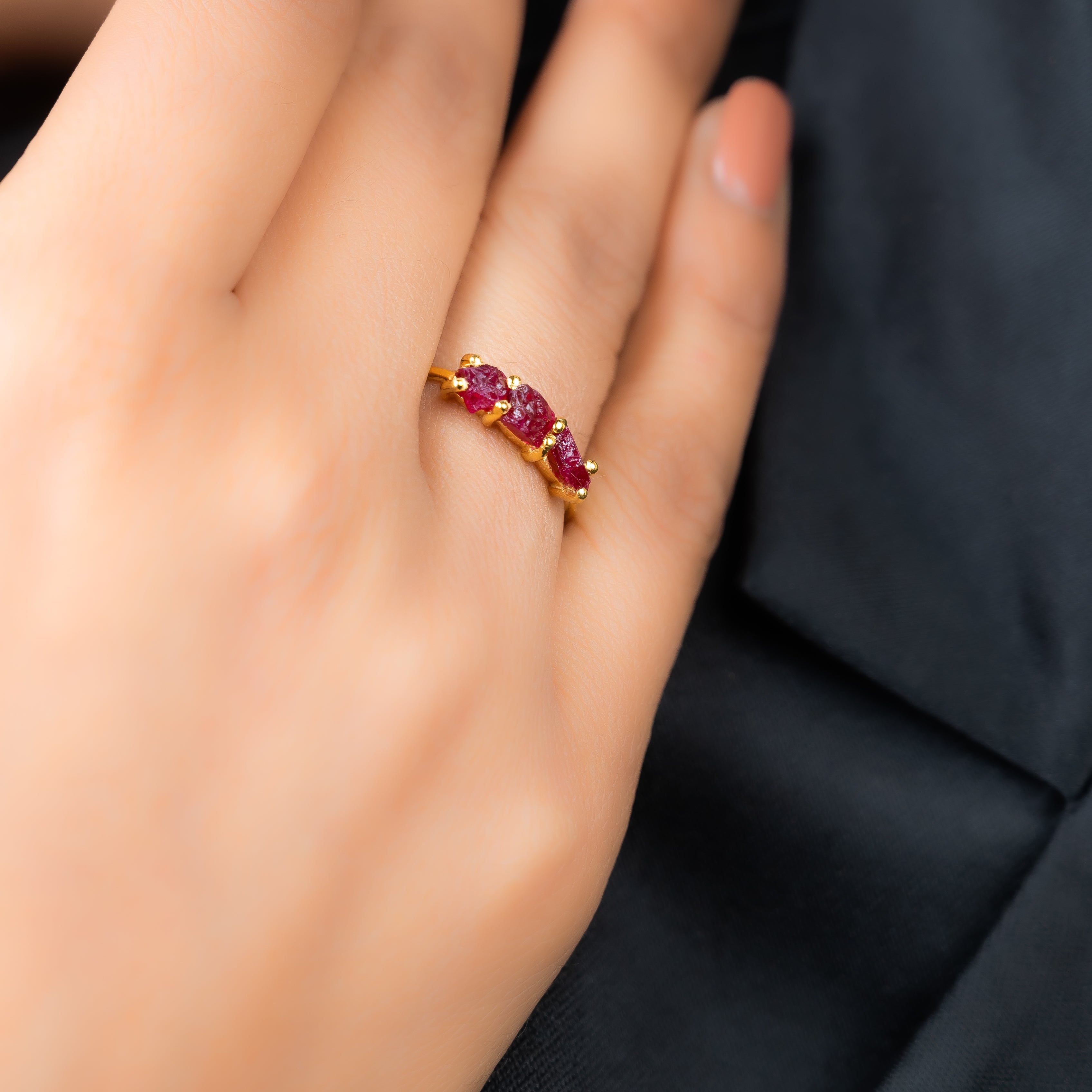 Raw Ruby 3 Stone Ring, July Birthstone Ring For Her, Stackable Birthstone Ring In 14K Solid Gold, Multi-Stone Ring, Personalised Jewelry