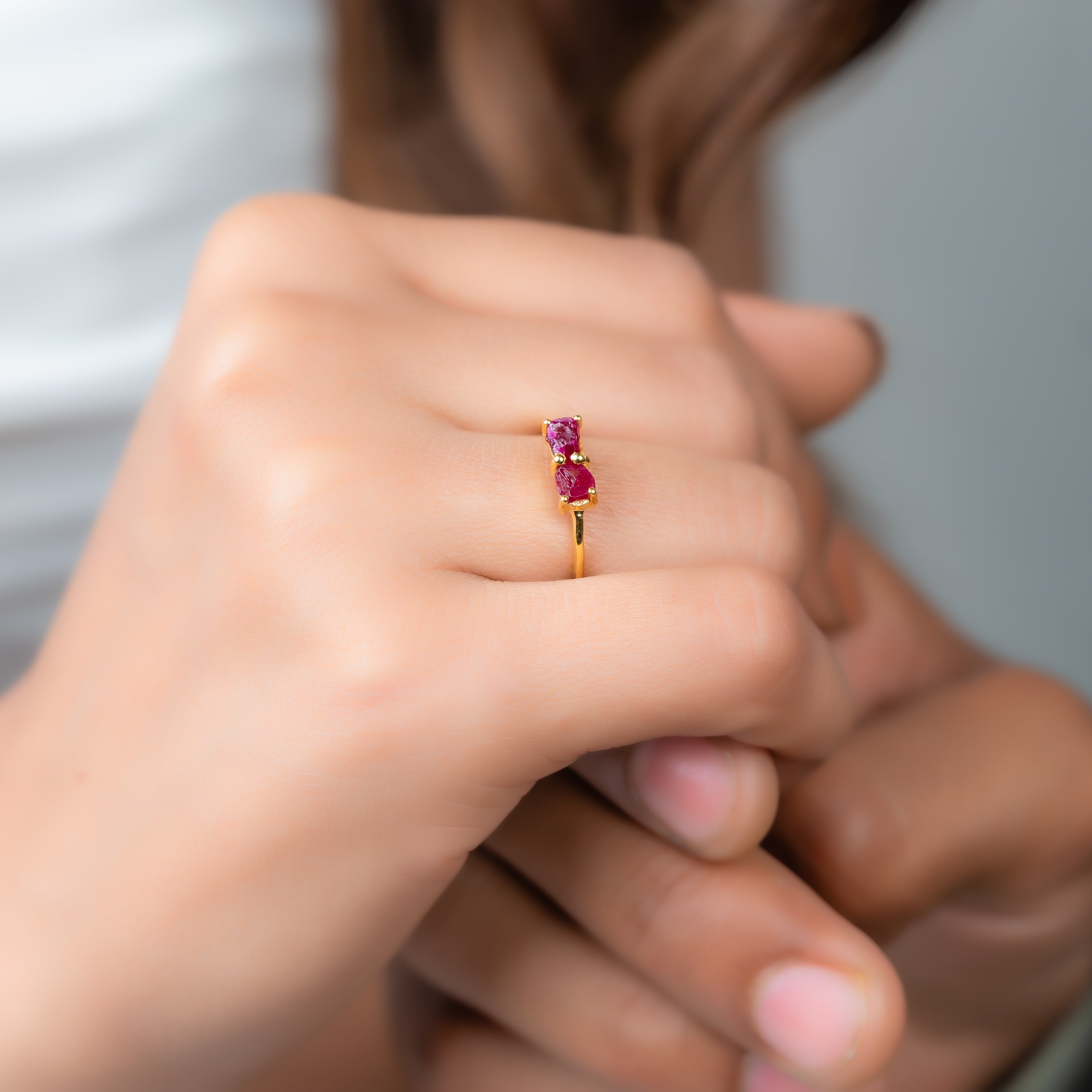 Raw Ruby 2 Stone Engagement Ring, July Birthstone Ring, Stackable Birthstone Ring In 14K Solid Gold, Multi-Stone Ring, Personalised Jewelry