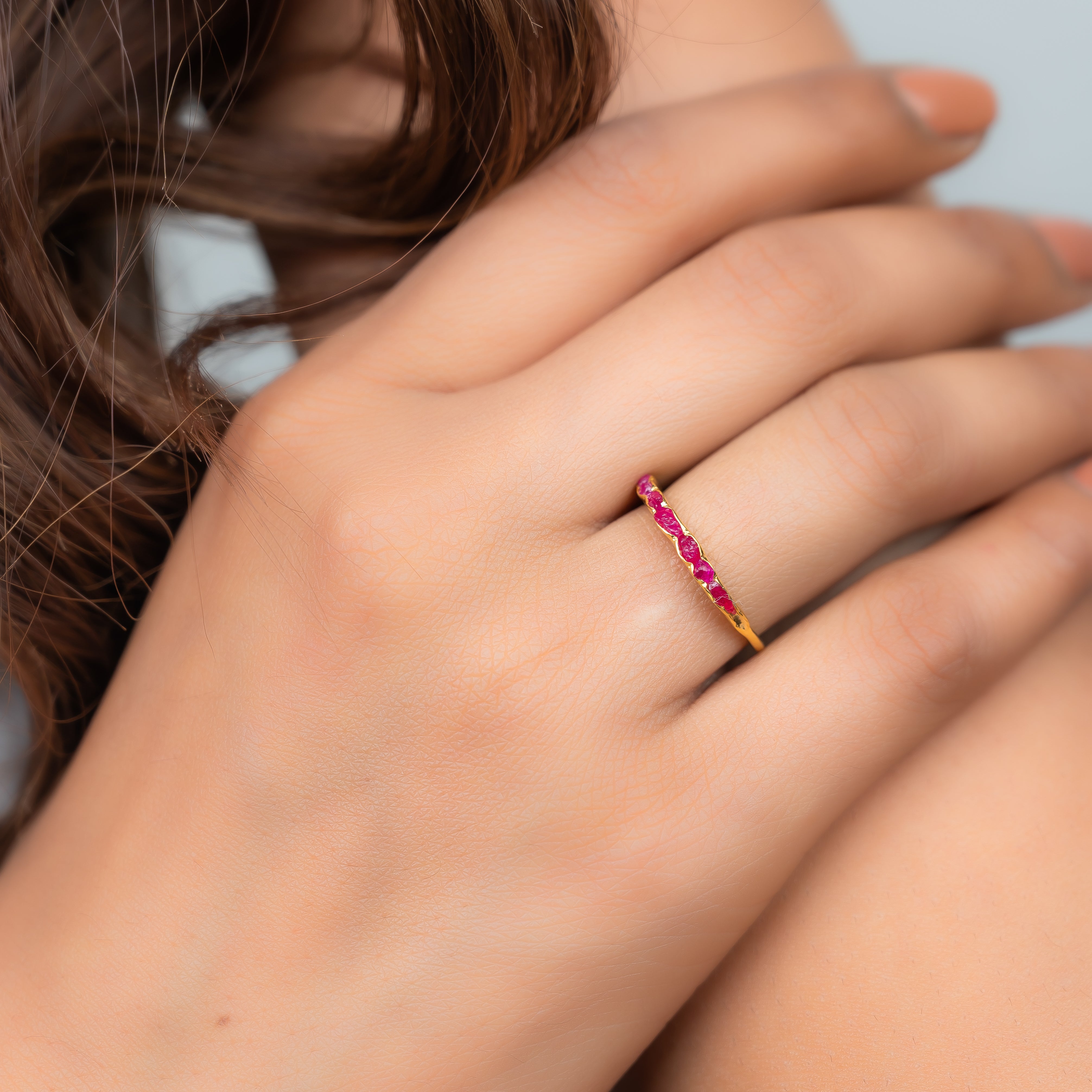 Rough Ruby Red Promise Ring Half Eternity Band Rings For Her, Wedding band Ruby Stacking Ring Birthstone Ring, Ruby Bridesmaid Ring