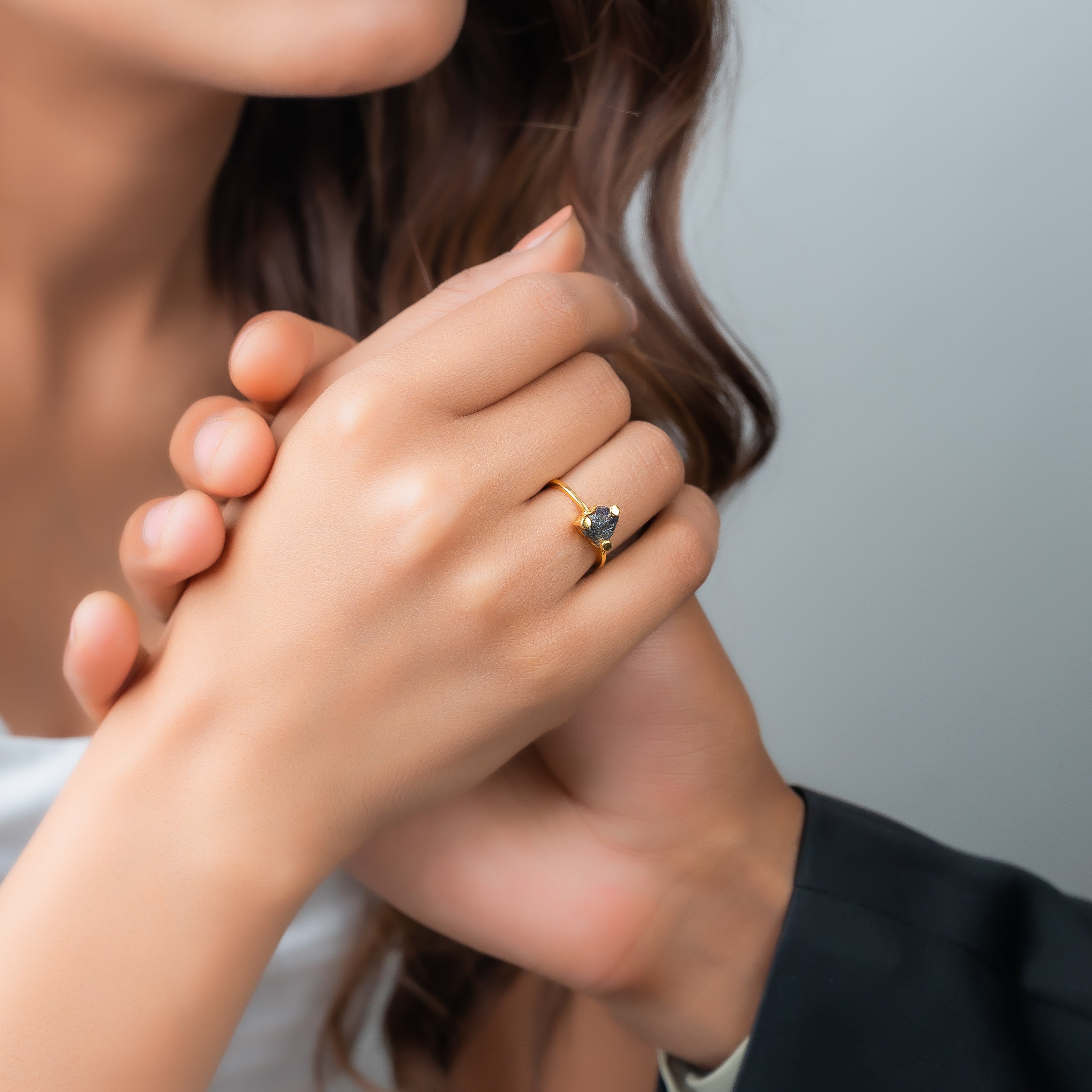 Raw Black Diamond Ring with Round Prong Setting Engagement Ring
