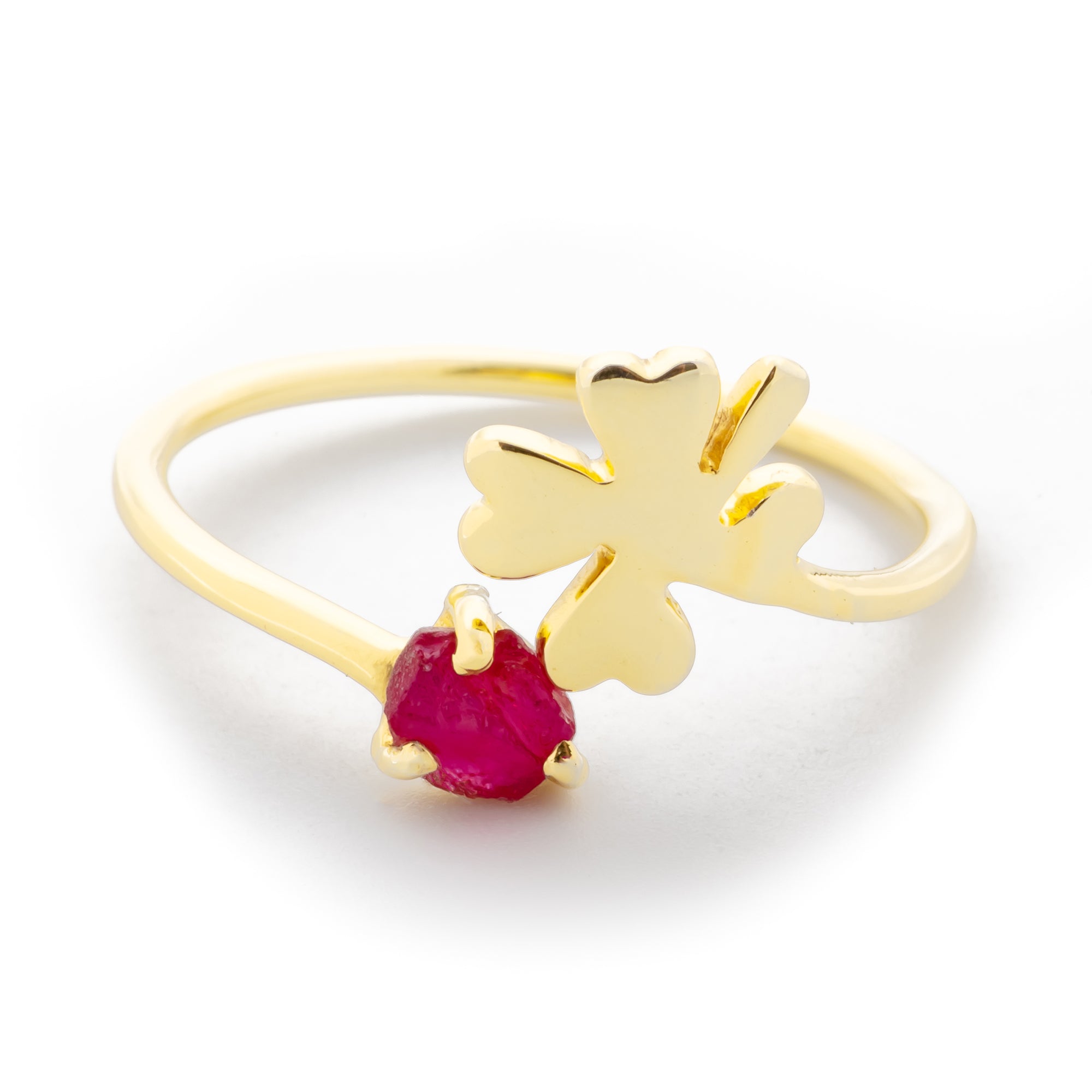 14k Solid Gold Raw Ruby Clover Ring, Open Clover Ring For Her, Promise Ring, Mothers DayGift  Bridesmaid Gift, July Birthstone Ring