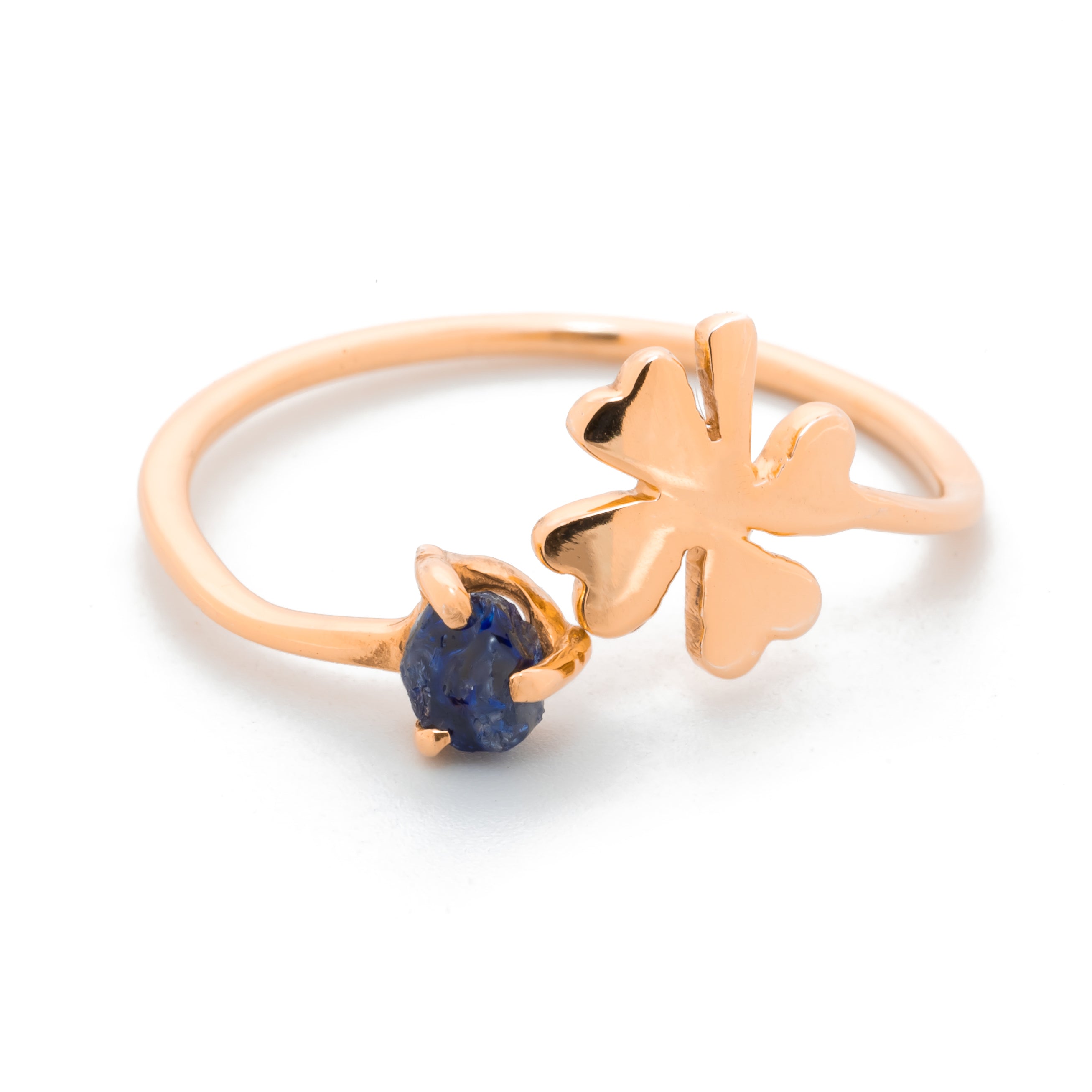 14k Solid Gold Raw Sapphire Clover Ring, Open Clover Ring For Her, Promise Ring, Mothers DayGift  Bridesmaid Gift, September Birthstone Ring