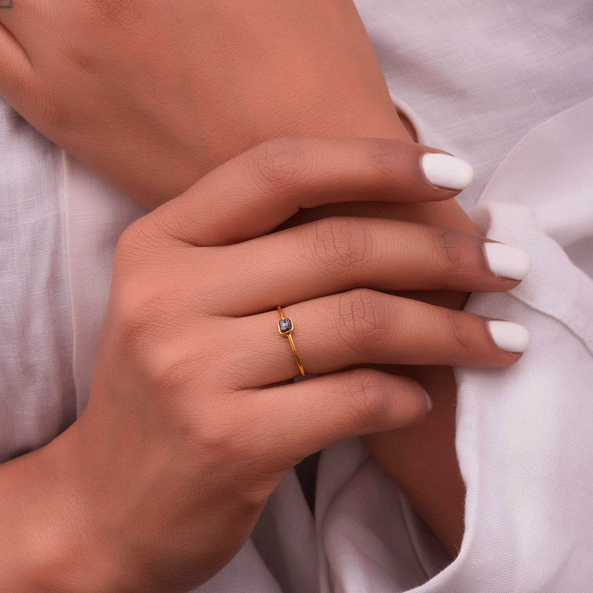 Rough Raw Black Natural Cube Diamond Stackable Ring in 14K Solid Gold, Minimal Wedding Ring, Perfect Valentines Day Ring for Her