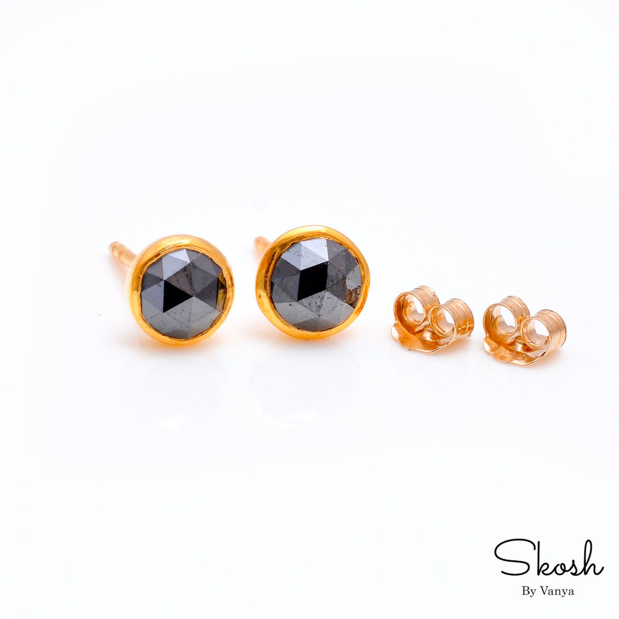 Stylish Black Rose Cut Diamond Studs Earrings in 14k Solid Gold - Minimalistic Design for Everyday Wear, Ideal Valentine's Day Gift For Her