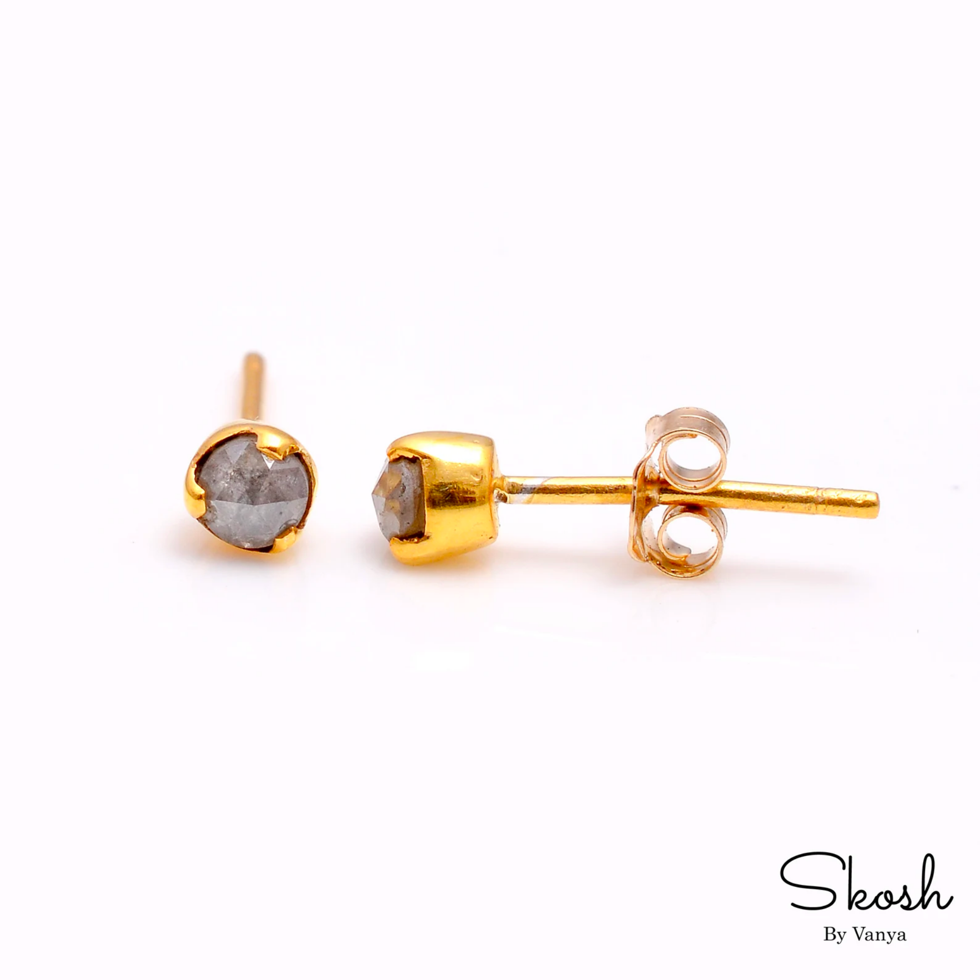 14k Solid Gold, Gray Diamond Studs, Rose Cut Diamond Earring, Minimalistic Jewelry, 3 Prong Stud, Small Studs, Mother's Day Gift