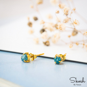 Rough Raw Blue Diamond Stud Earring, Minimalistic Jewelry in 14K Solid Gold with 3 Gold Prong For Women by Skosh, Perfect Gift