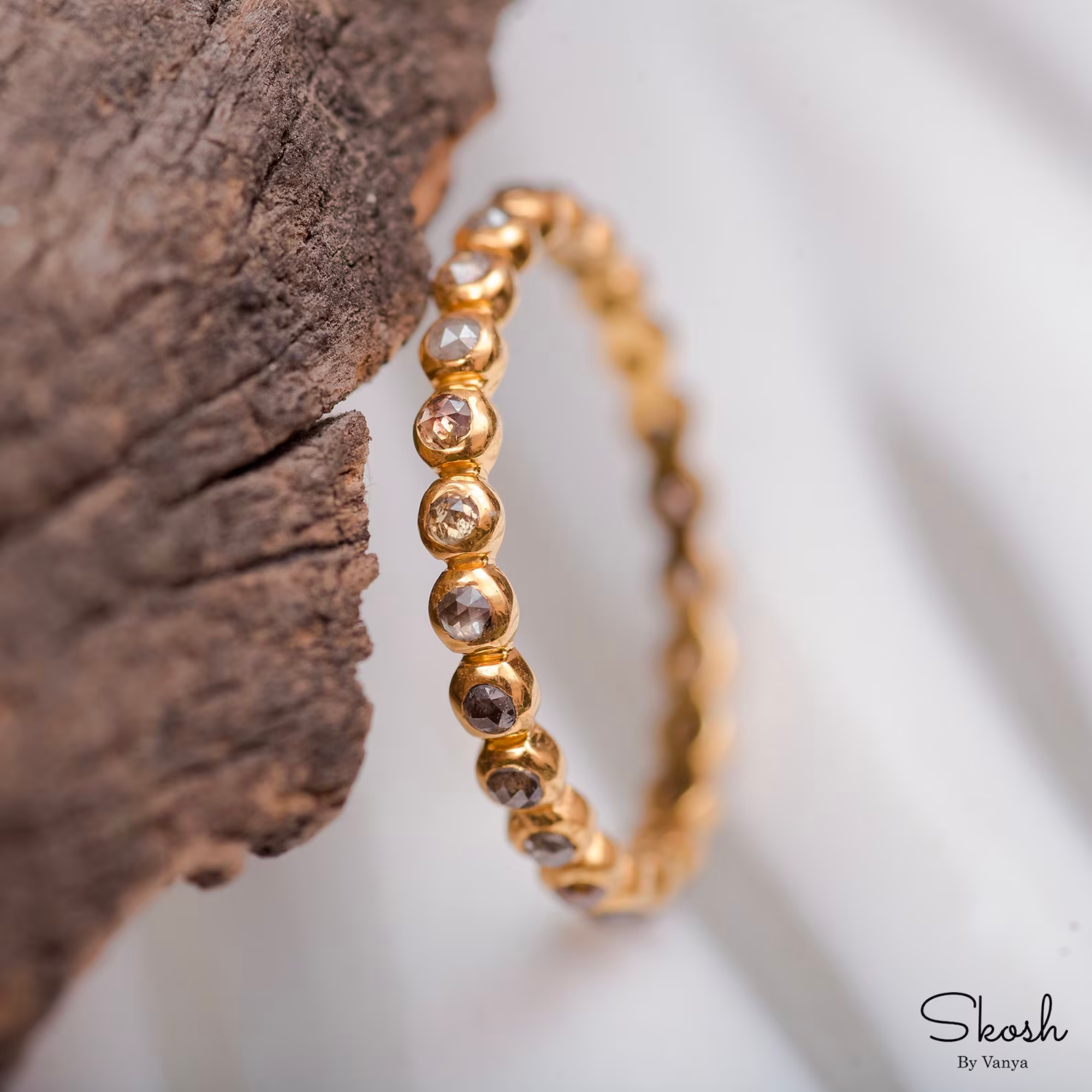 Rose Cut Salt and Pepper Full Eternity Diamond Ring in 14K Solid Gold, Minimal Wedding Band Jewelry by Skosh, Unique Gift for Her