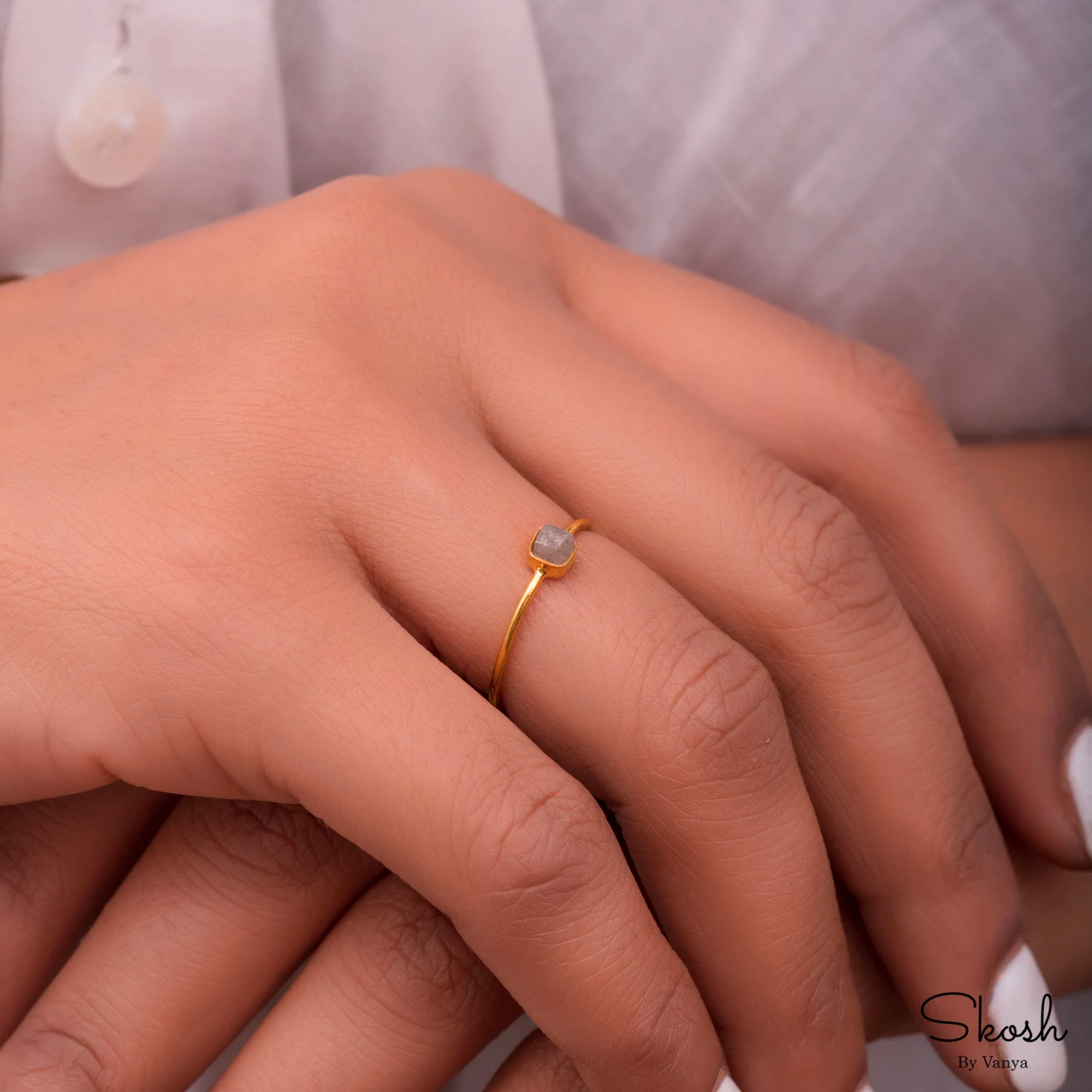 14K Solid Gold Rough Grey Diamond Engagement Ring with Natural Cube Diamond Band - Unique Gift for Her