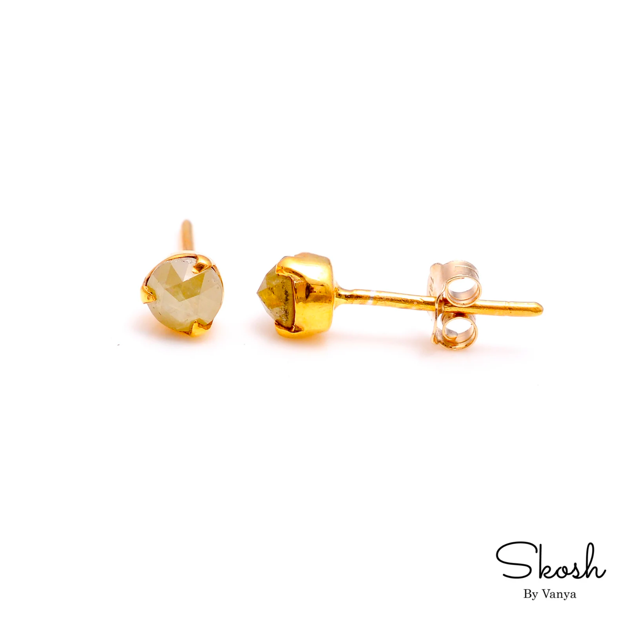 14k Solid Gold, Yellow Diamond Studs, Rose Cut Diamond Earring, Minimalistic Jewelry, 3 Prong Stud, Small Studs, Mother's Day Gift