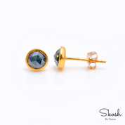 14K Solid Gold Round Bezel Blue Diamond Stud Earrings: A Minimalist and Elegant Choice for Bridal Jewelry, Featuring Rose Cut Diamonds