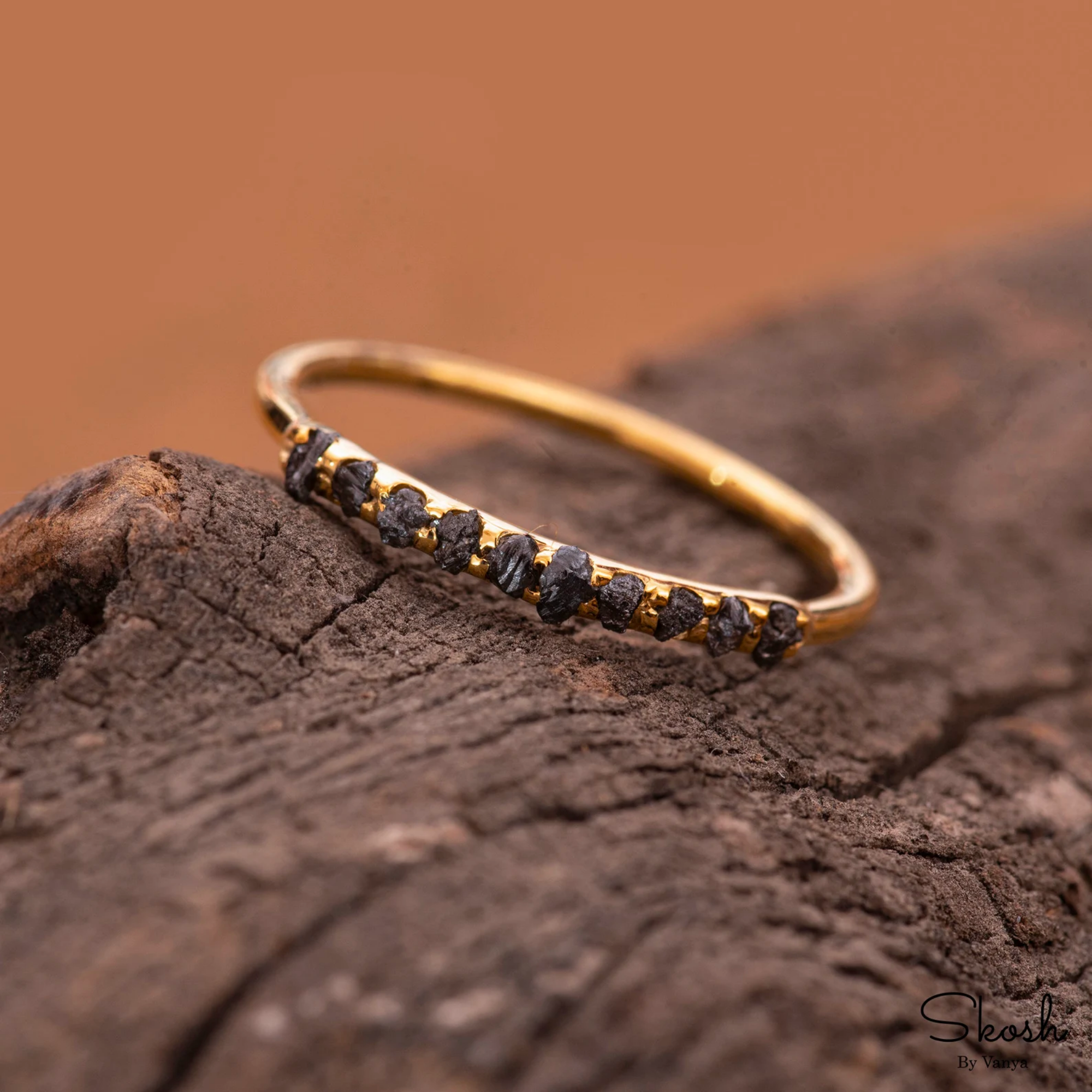 Natural Rough Raw Black Diamond Stackable Ring in 14K Solid Gold, Minimal Half Eternity Promise Band Ring by Skosh, Perfect Unique Gift