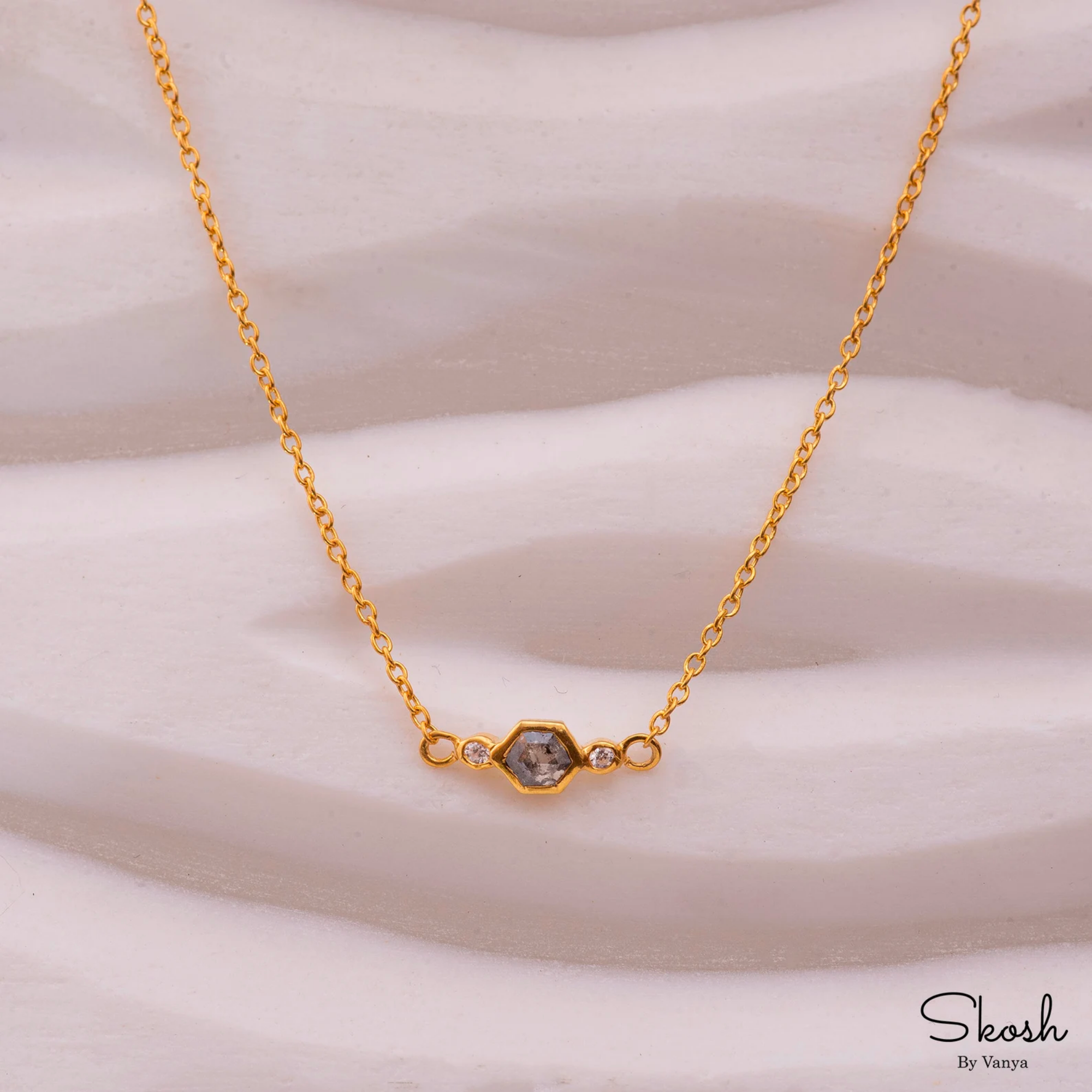 Hexagon Shaped Salt and Pepper Diamond Necklace with a Diamond Bezel Setting in 14K Solid Gold, Wedding Anniversary Gift for Her