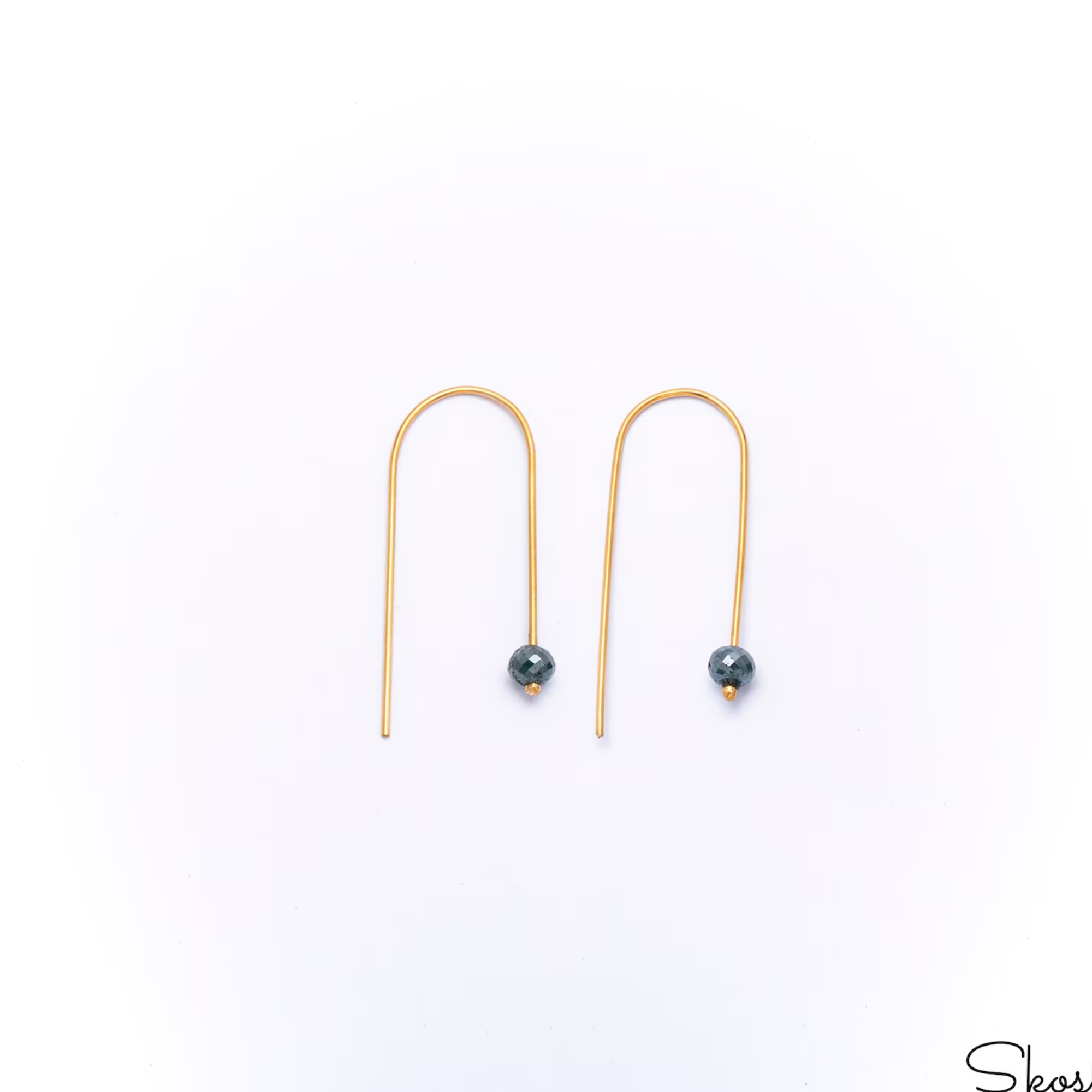 U Shaped Open Hoop earrings, 14k Solid Gold Long Arc Earrings, Blue Diamond Bead huggie hoop, Threader Arc Hoops, Minimal dangle earrings