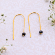 U Shaped Open Hoop earrings, 14k Solid Gold Long Arc Earrings, Black Diamond Bead huggie hoop, Threader Arc Hoops, Minimal dangle earrings