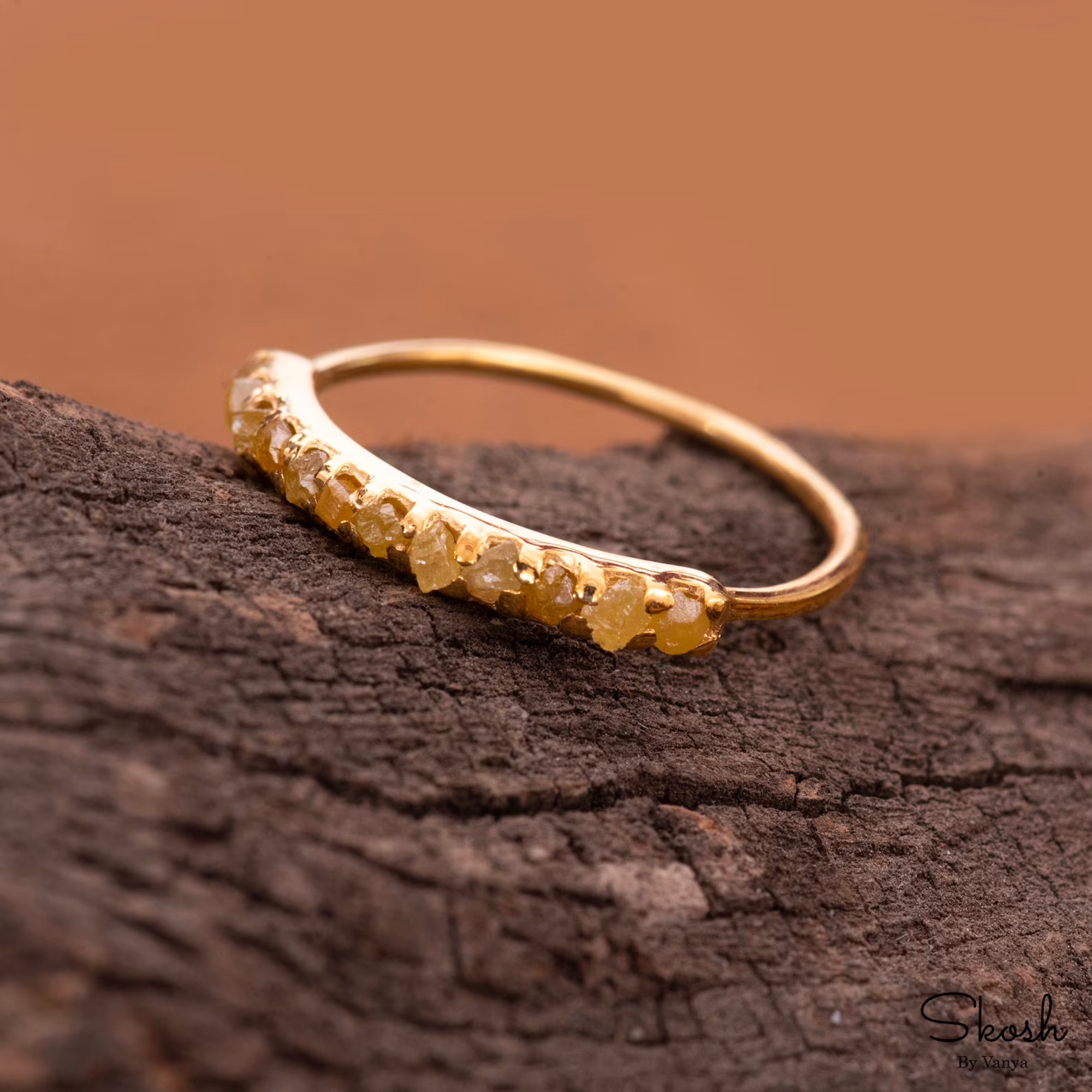 14K Solid Gold Ring, Yellow Rough Diamond Ring, Raw Diamond, Stacking Ring, Natural Diamond, Wedding Band, Half Eternity Band, Minimal Ring