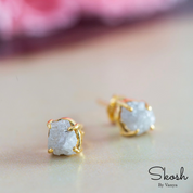 Rough Raw White Diamond Stud Earring in 14K Solid Gold with 4 Gold Prong For Women by Skosh, Perfect Gift