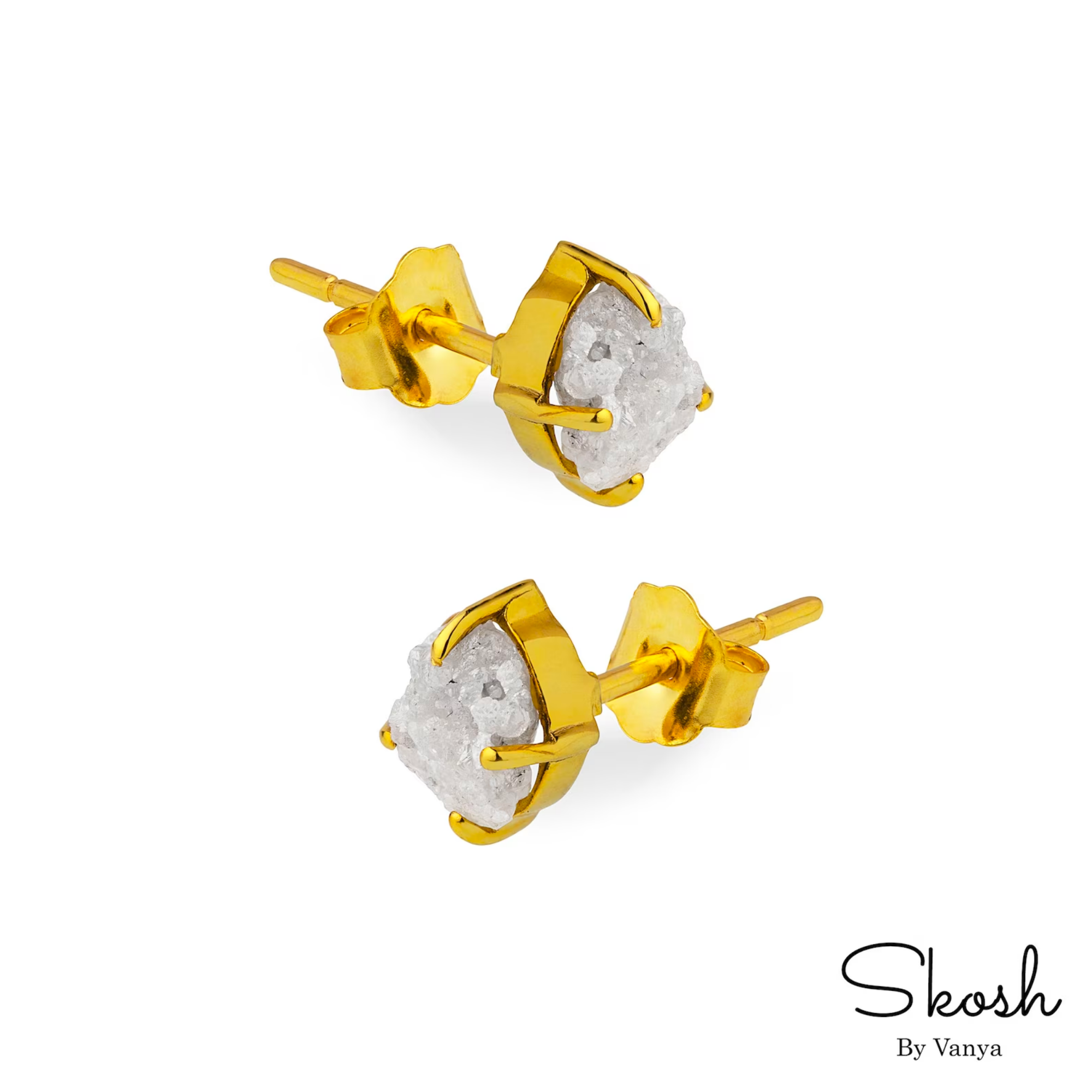 Rough Raw White Diamond Stud Earring in 14K Solid Gold with 4 Gold Prong For Women by Skosh, Perfect Gift