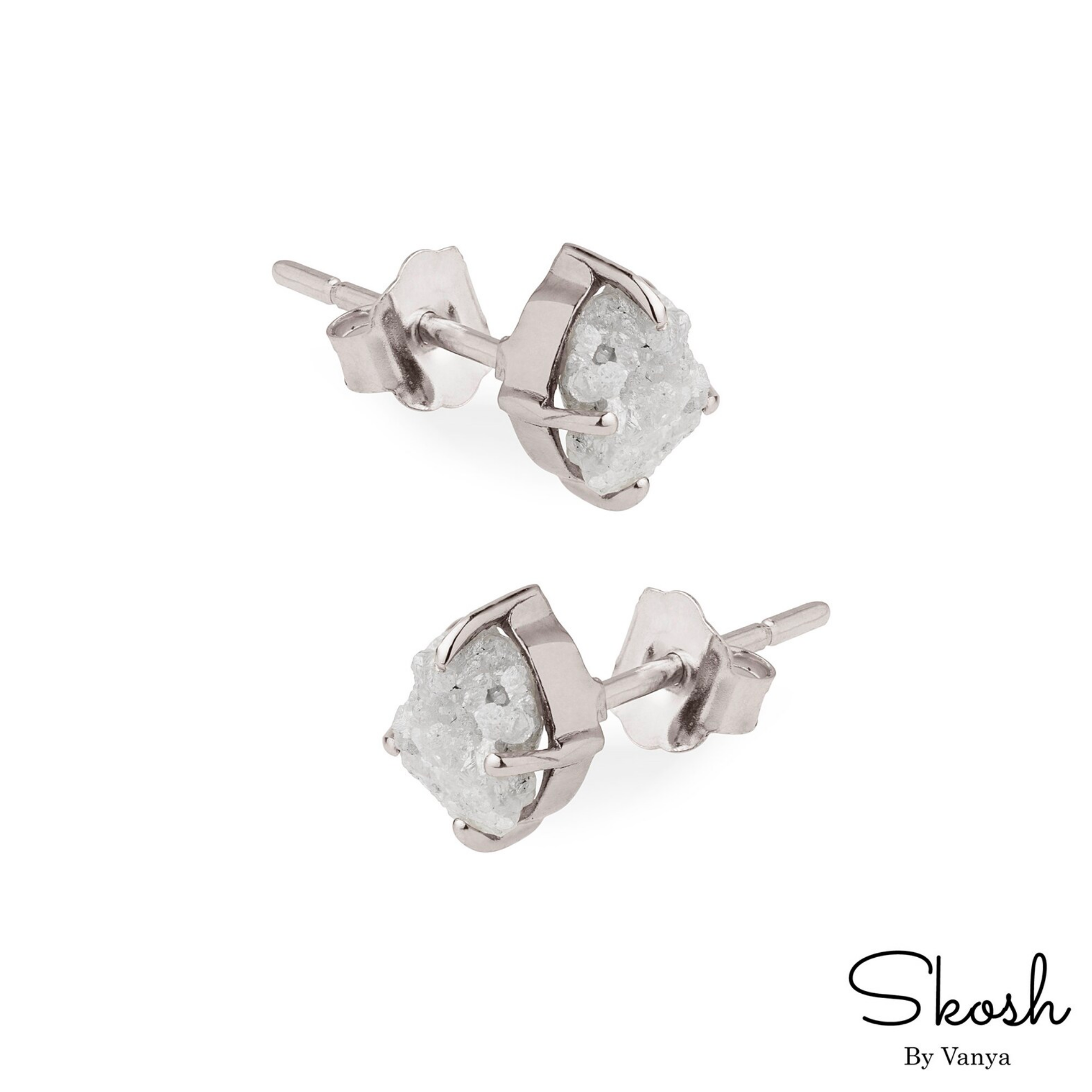 Rough Raw White Diamond Stud Earring in 14K Solid Gold with 4 Gold Prong For Women by Skosh, Perfect Gift