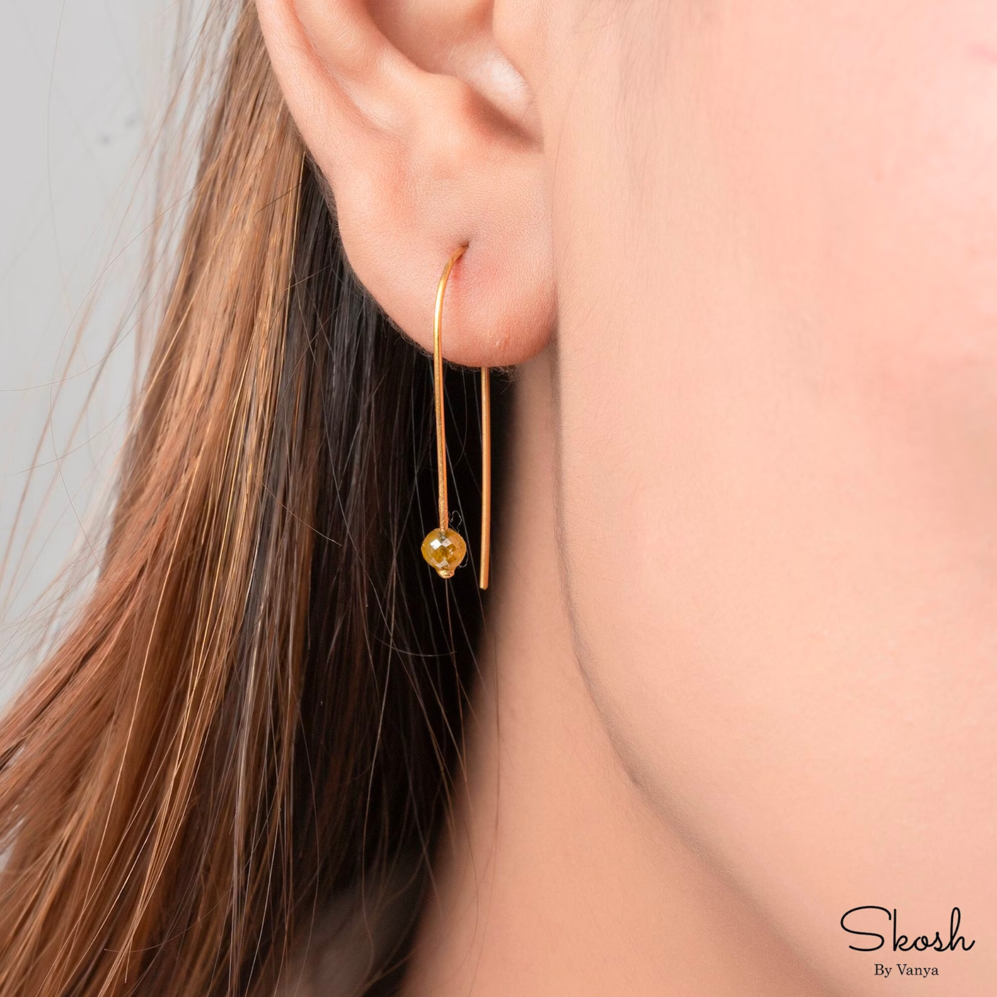 U Shaped Open Hoop earrings, 14k Solid Gold Long Arc Earrings, Yellow Diamond Bead huggie hoop, Threader Arc Hoops, Minimal dangle earrings