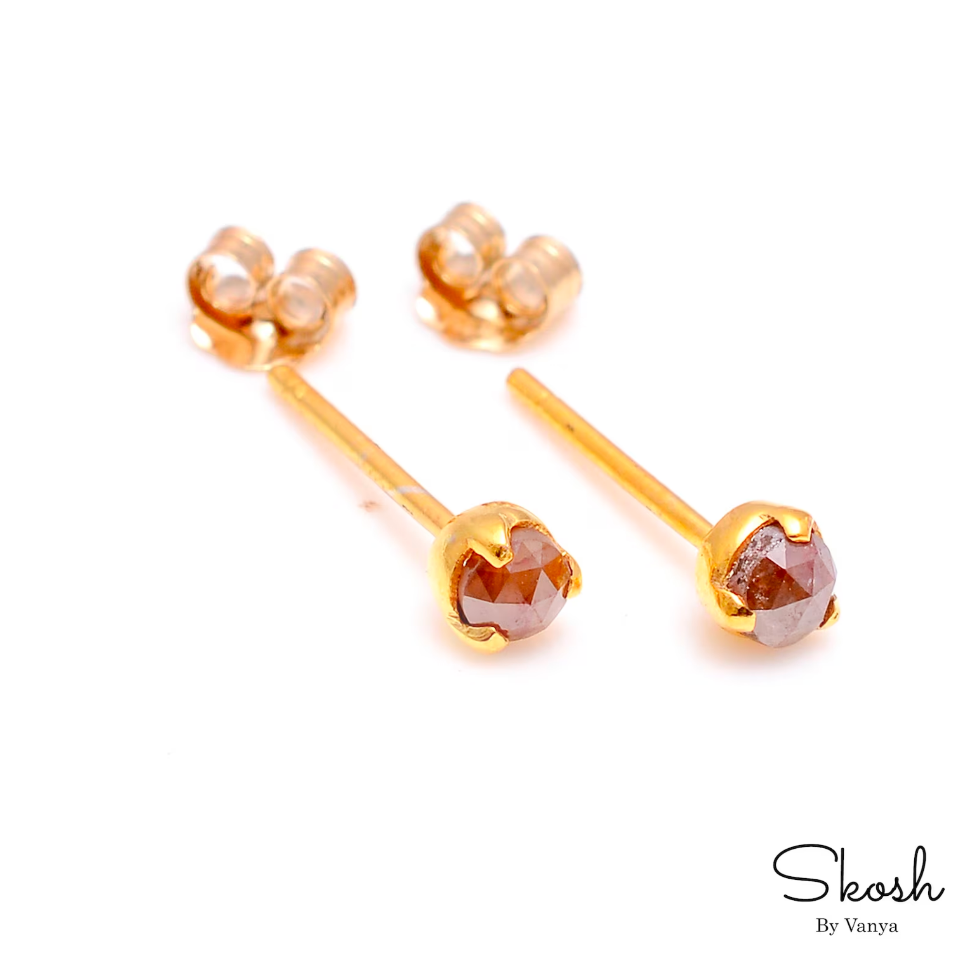 Red Rose Cut Raw Diamond Stud Earring in 14K Solid Gold with 3 Gold Prong Stud, Unique Gift by Skosh