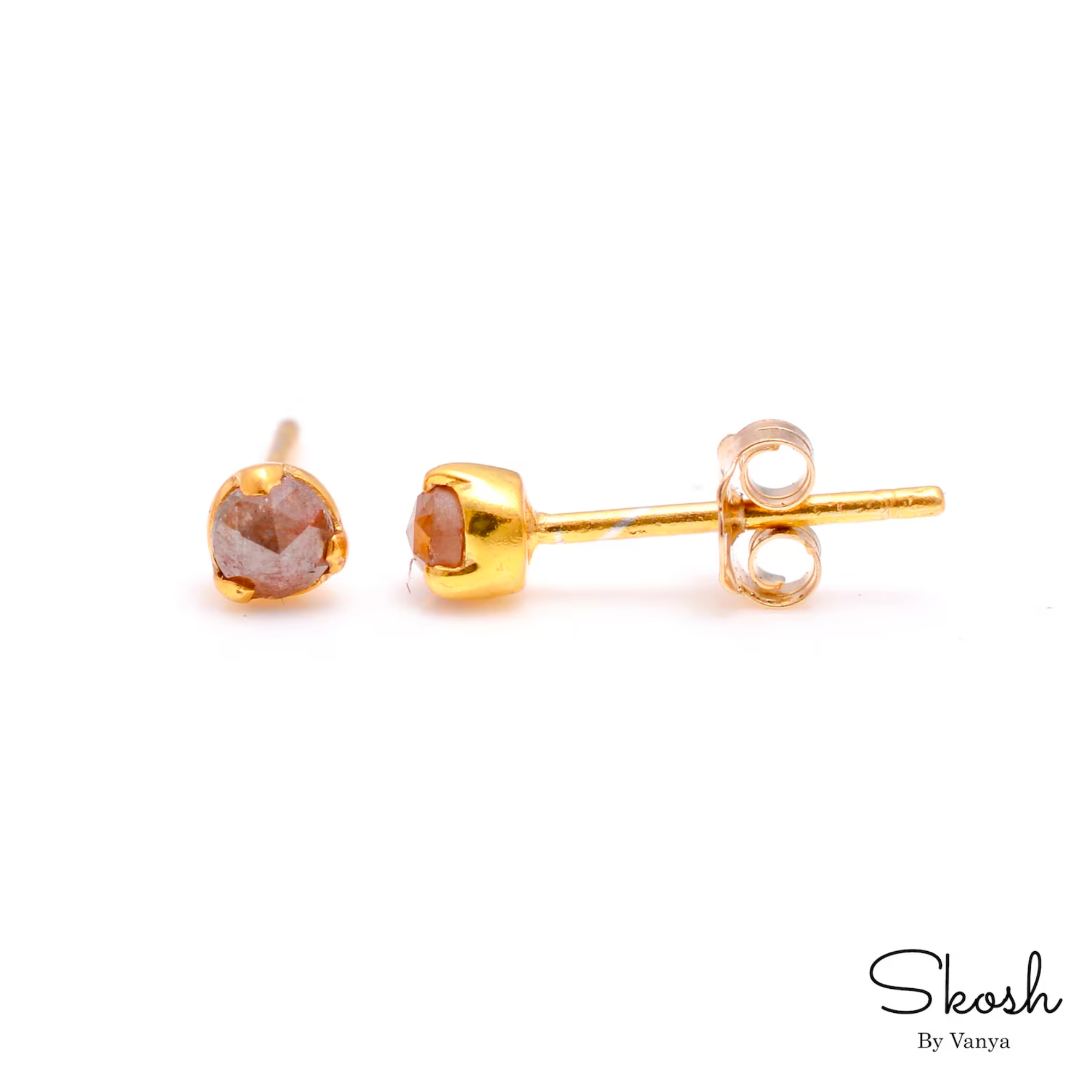 Red Rose Cut Raw Diamond Stud Earring in 14K Solid Gold with 3 Gold Prong Stud, Unique Gift by Skosh