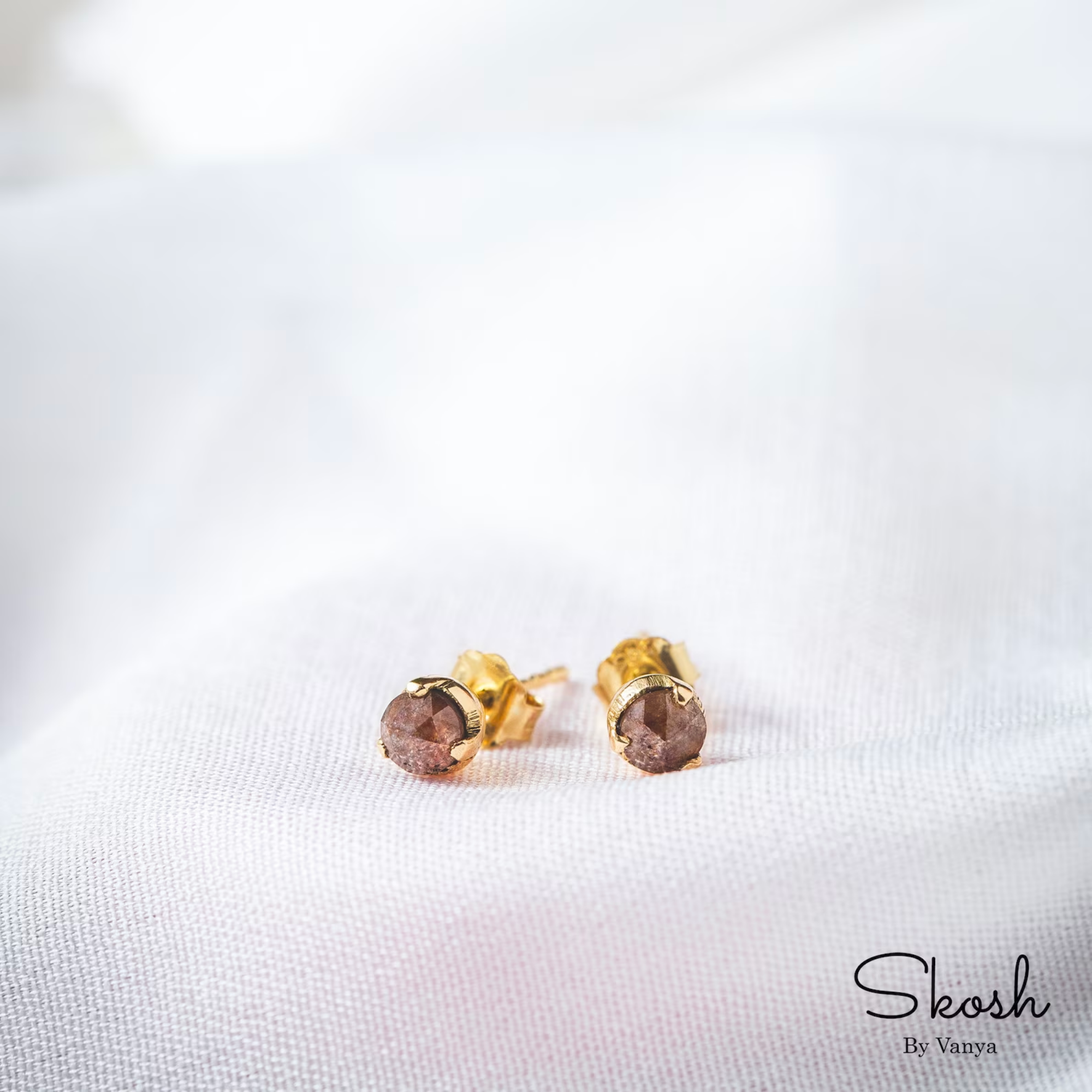 Red Rose Cut Raw Diamond Stud Earring in 14K Solid Gold with 3 Gold Prong Stud, Unique Gift by Skosh