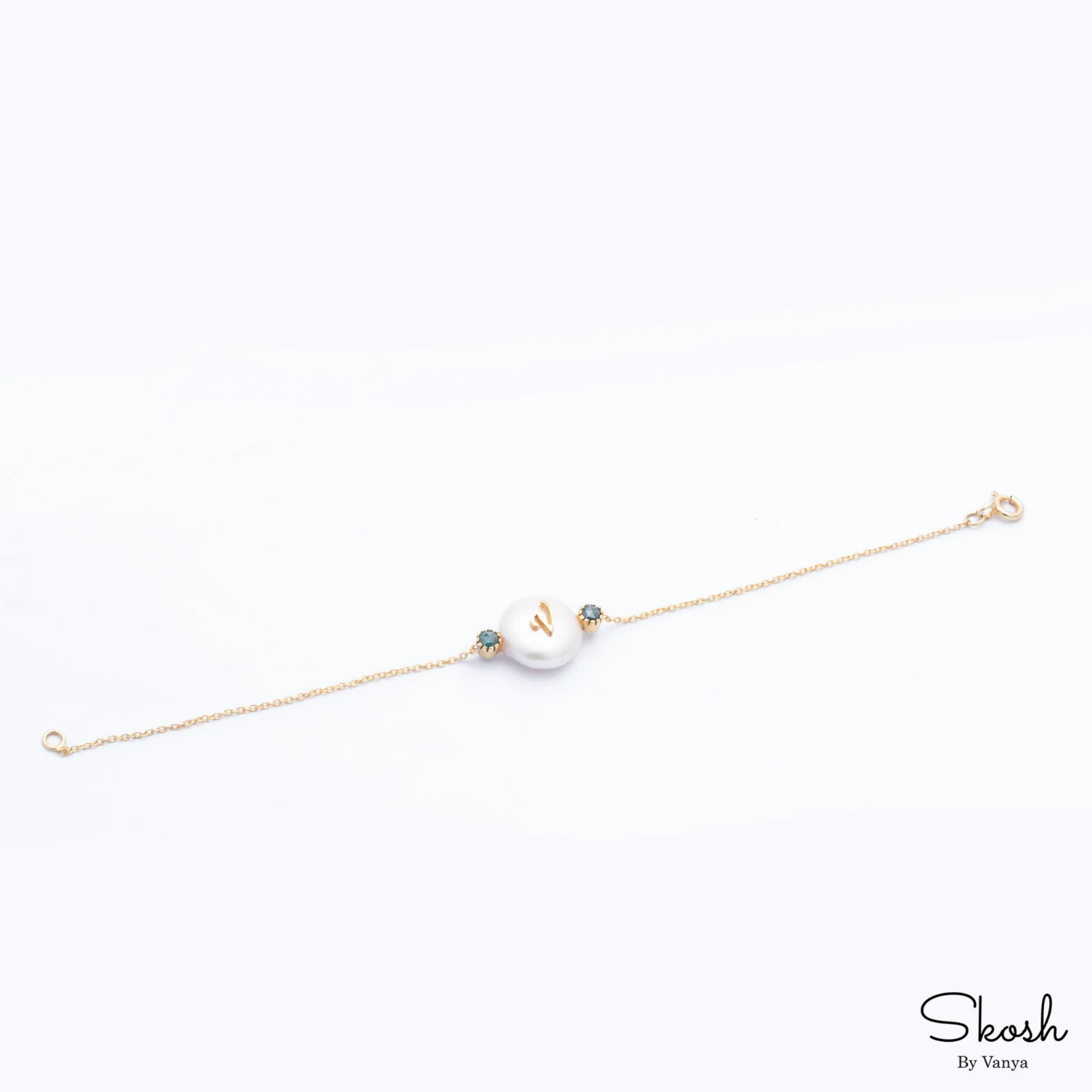 Custom Name Freshwater Pearl Bracelet with Initial in 14K Solid Gold and Diamond Accent by Skosh - Ideal Gift for Her