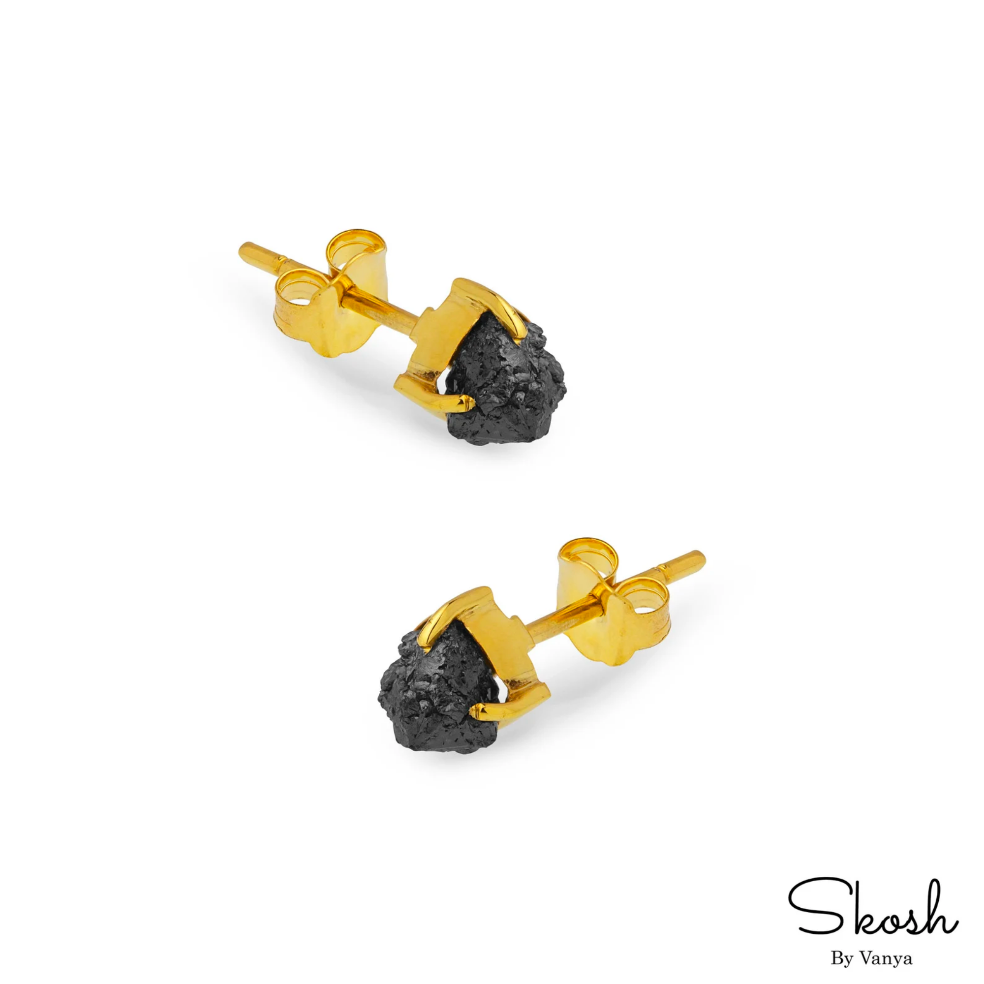 Rough Raw Gray Diamond Stud Earring in 14K Solid Gold with 3 Gold Prong For Women by Skosh, Perfect Gift