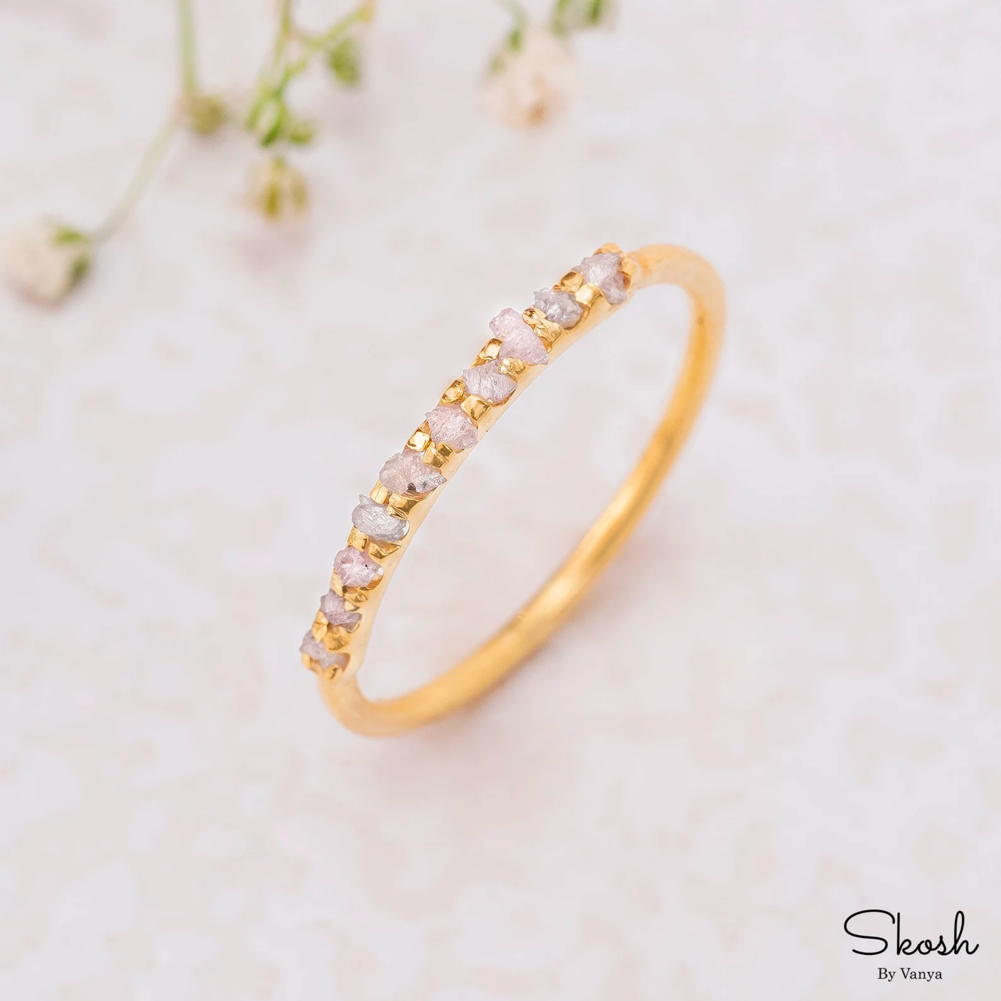 Raw Pink Gray Diamond Stacking Ring in 14K Solid Gold - Unique Promise or Half Eternity Band with Natural Rough Diamonds - Minimalist Style