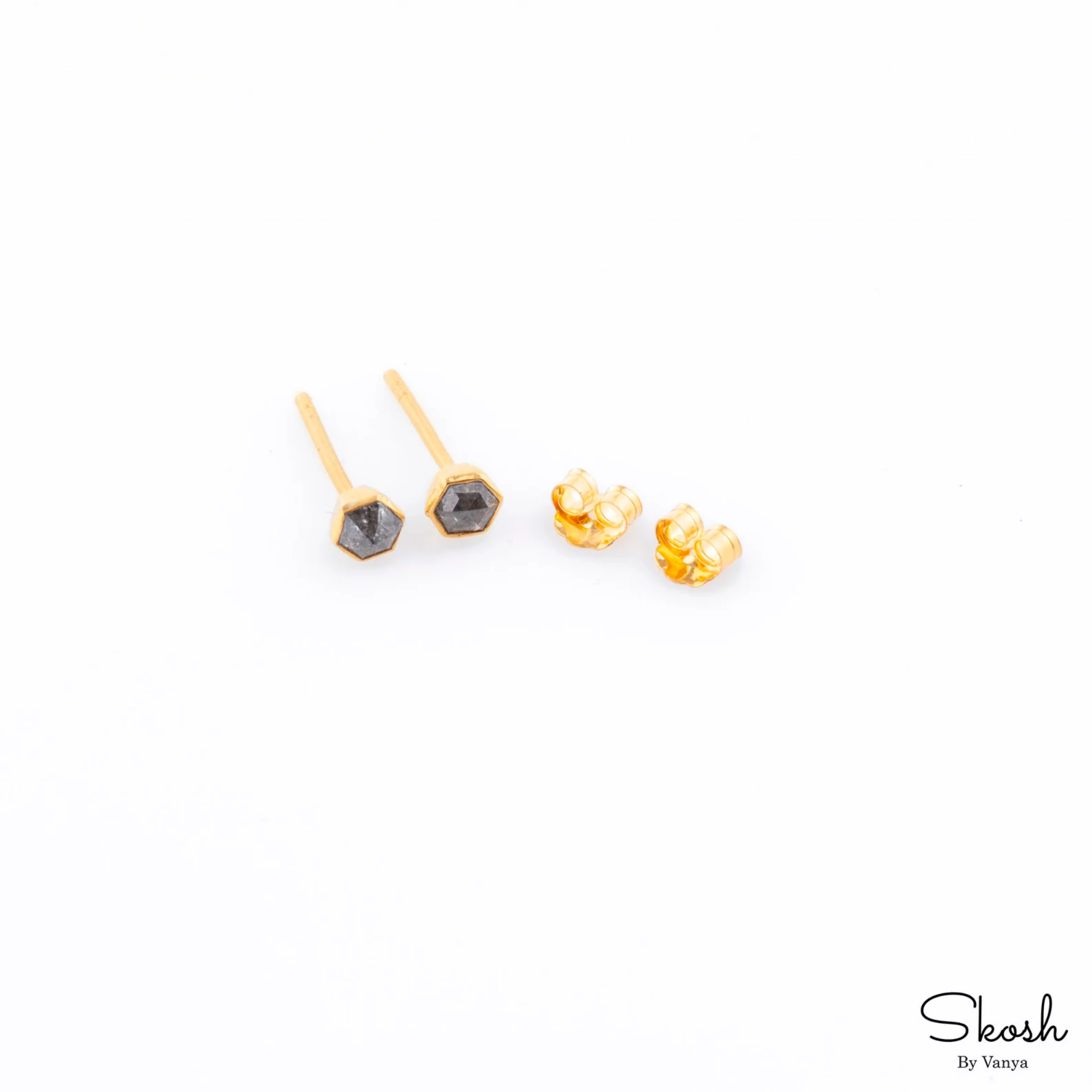 Hexagon Rose Cut Salt and Pepper Minimalist Diamond Stud Earrings in 14k Solid Gold, Small Studs, Minimalistic Bridal Jewelry, Unique gift