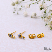 Unique Salt and Pepper Oval Rose Cut Diamond Small Studs Earrings in 14K Solid Gold, Minimalistic Bridal Jewelry, Perfect Valentines Gift