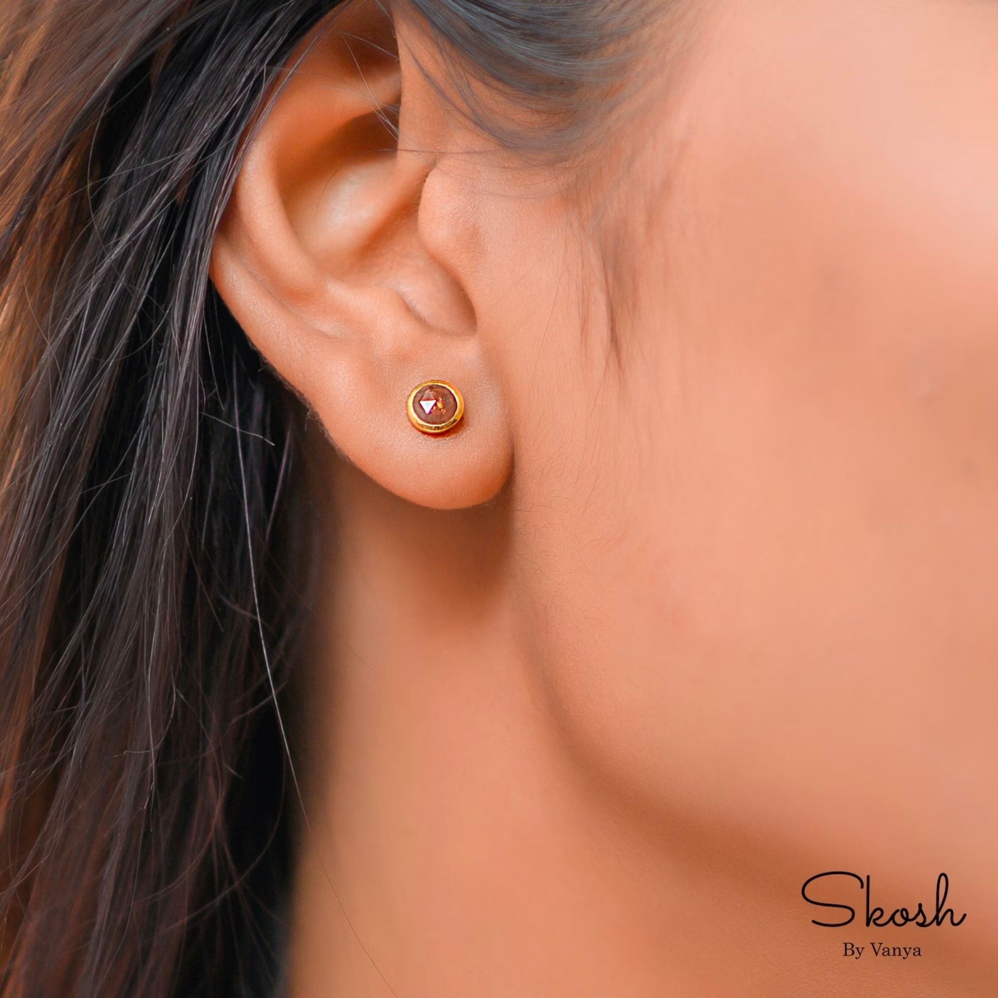 Rose Cut Red Diamond Stud Earring