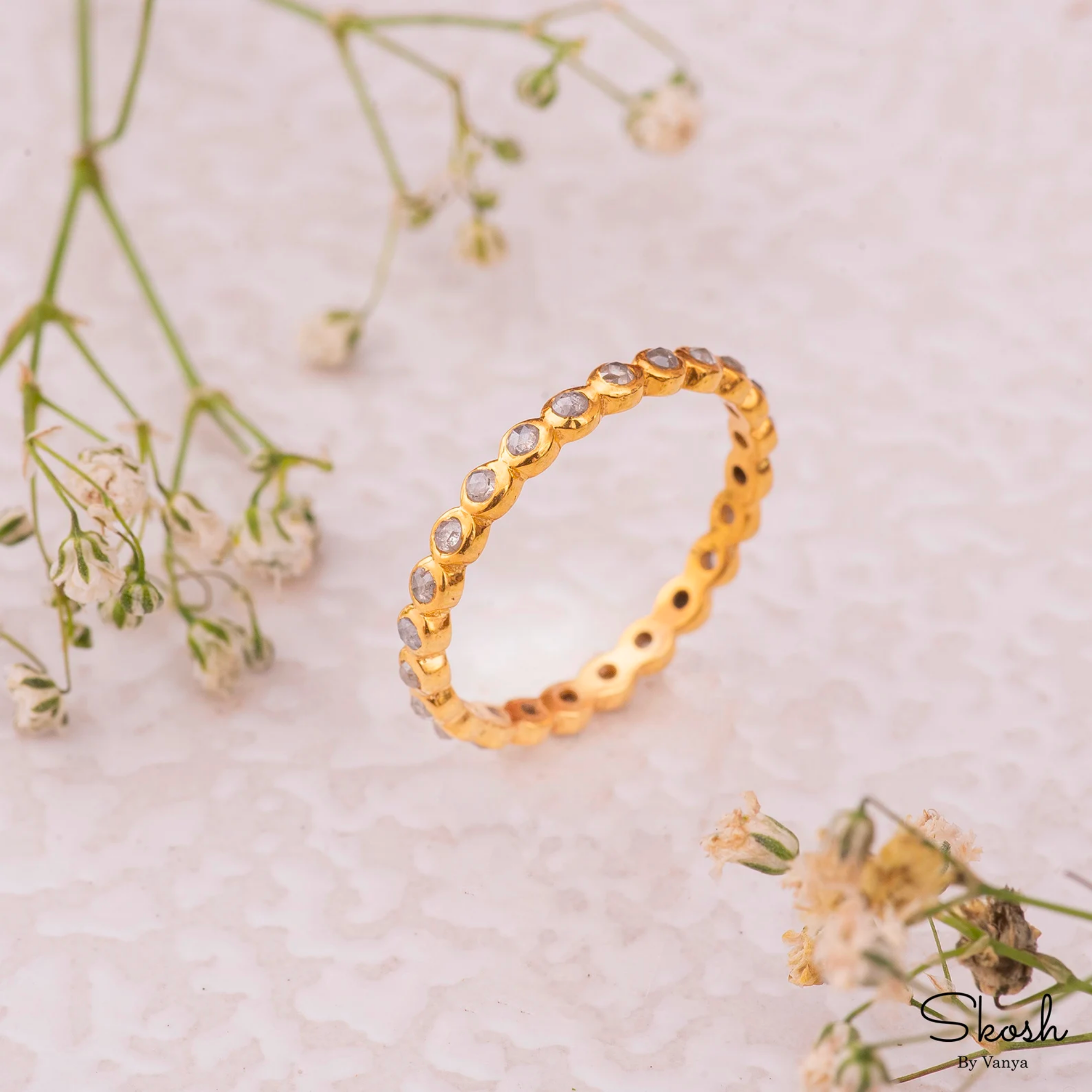 Natural Diamond Bezel Eternity Ring, Wedding Band, Stacking Ring, Minimalist Ring in 14K Solid Yellow, White, Rose Gold for Women by Skosh